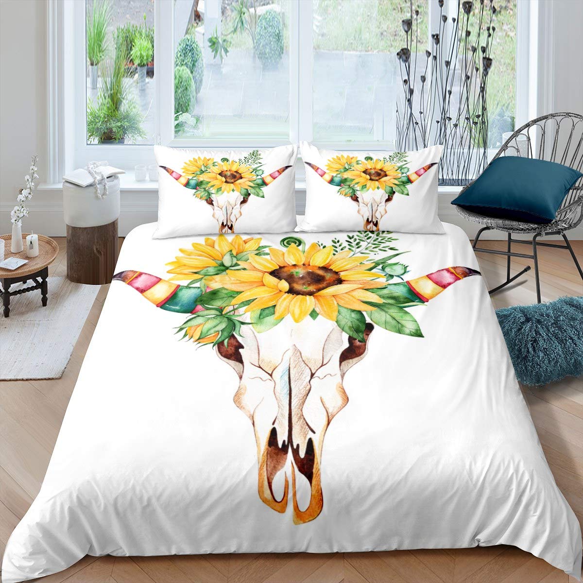 Feelyou Bull Skull Duvet Cover Set - Bohemian Style Skeleton Bedding with Sunflower Floral Pattern, 2PC Twin Size Zipper Closure - Perfect for Kids Room, Teen Girls Bedroom & Boho Chic Home Decor