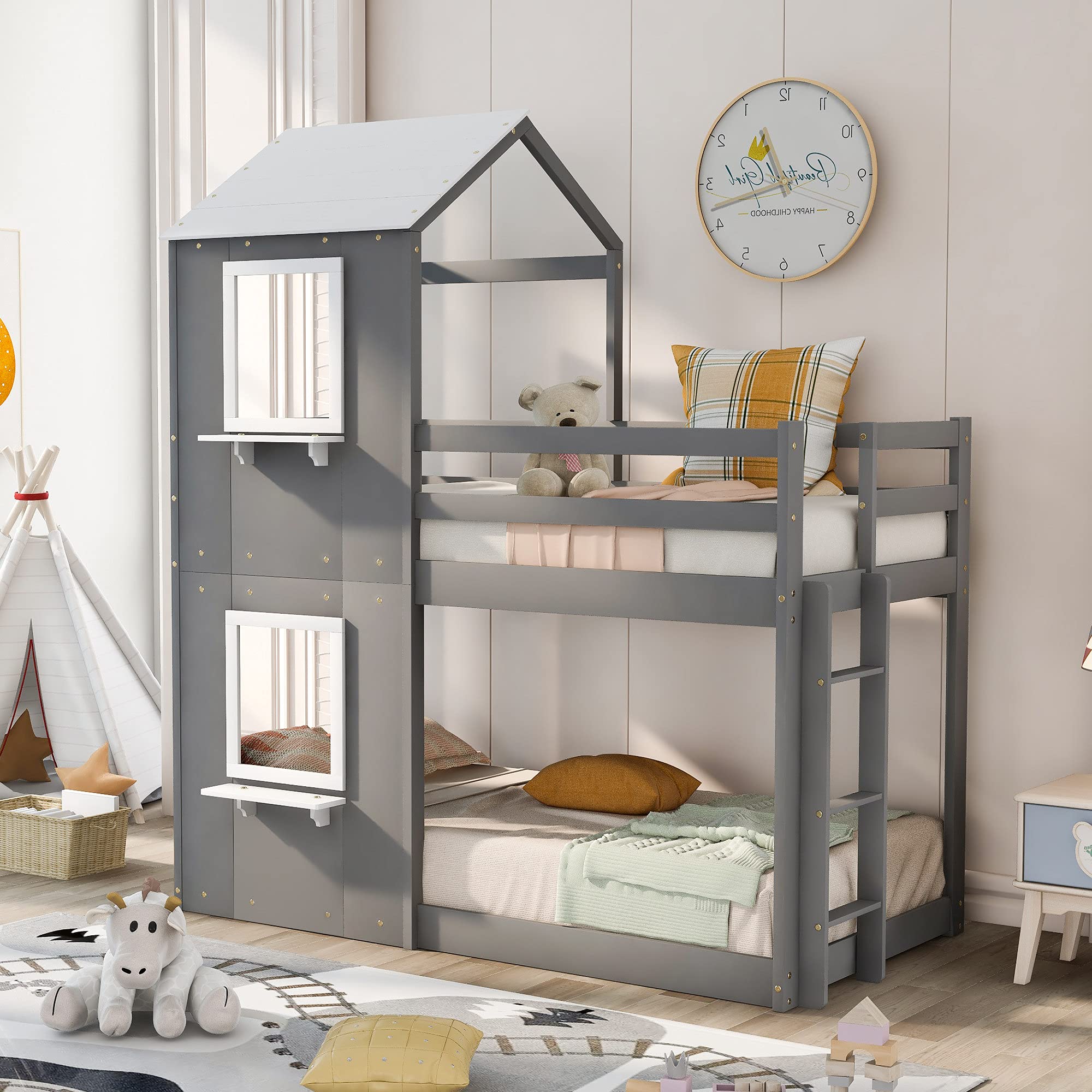 Kids House Shaped Bunk Bed with Roof & Window - Twin Over Twin Loft Bed with Guardrail & Ladder - Gray Themed Bedroom Furniture for Boys & Girls - Perfect for Small Spaces, Sleepovers & Playtime