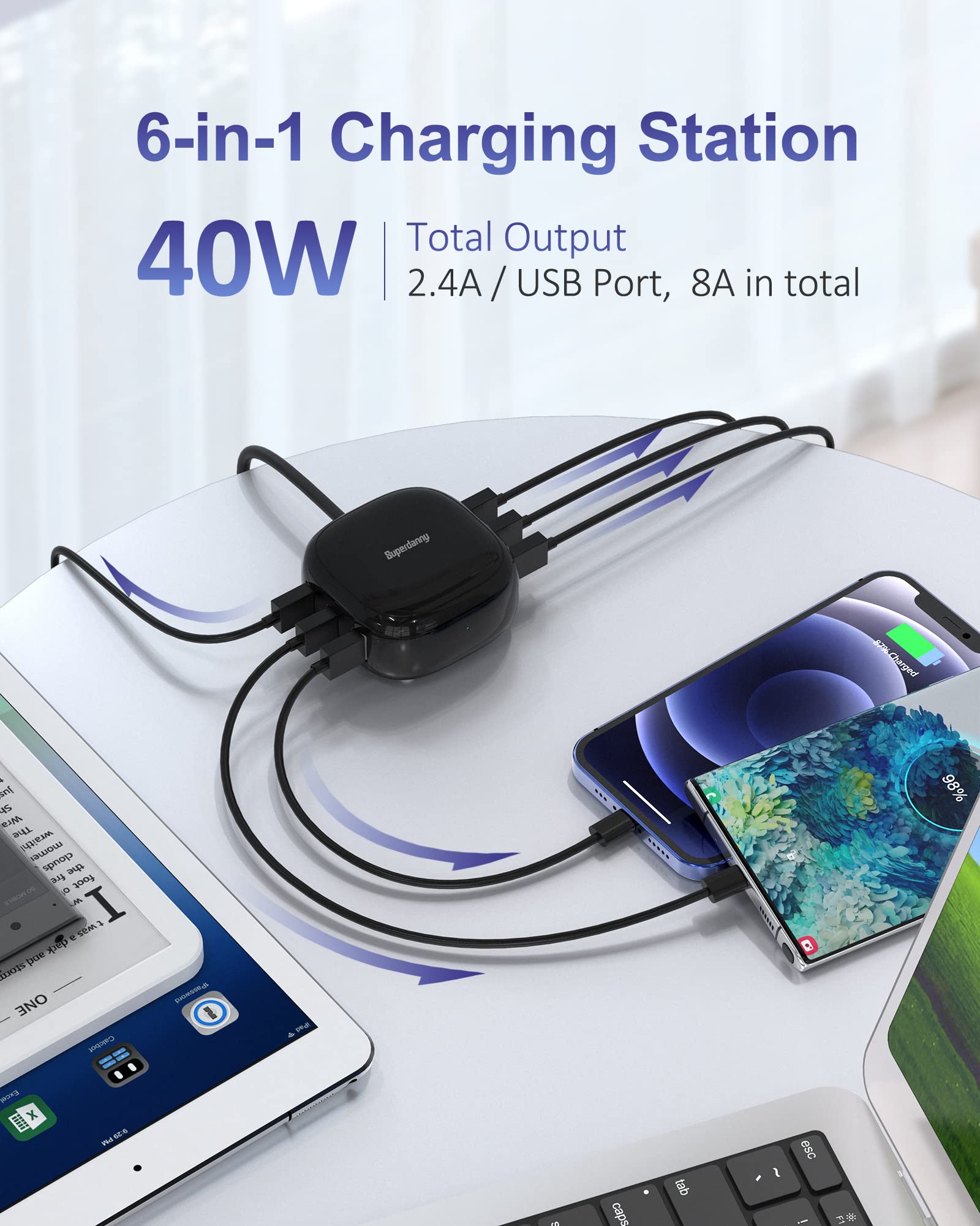Multi-Port USB Charging Station - 6 Port Fast Charger with Smart IC for iPhone, Android, Samsung - White & Black Bundle - Perfect for Home, Office, Travel & Family Use