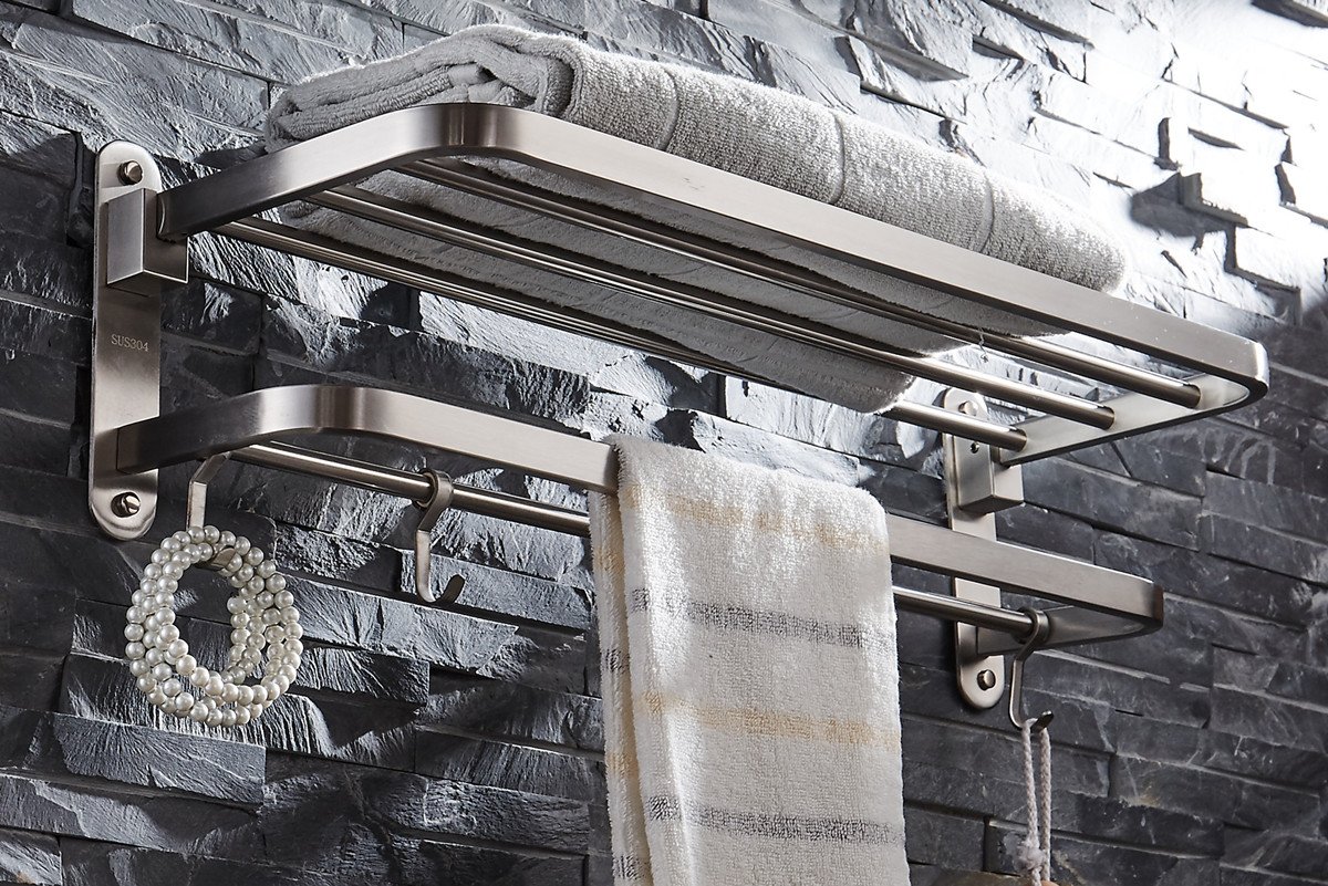 ELLO&ALLO Brushed Nickel Wall Mounted Foldable Towel Rack - Double Towel Bar with Hooks, Stainless Steel Bathroom Shelf Organizer - Perfect for Small Spaces, Apartments & Spa-Style Bathrooms