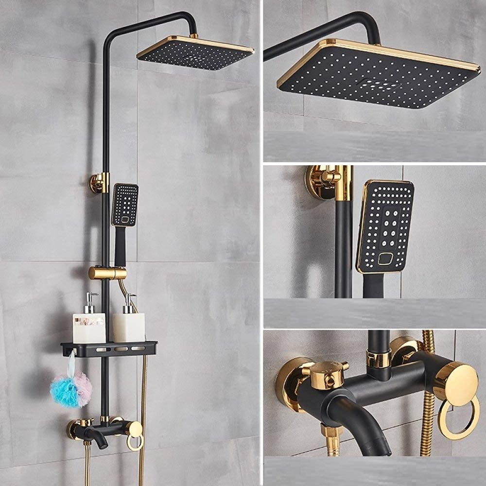Premium Black Gold Shower Faucet Set - Wall Mounted Rainfall Shower System with Adjustable Shelf, Swivel Tub Spout & Hot/Cold Water Mixer Tap (Model A) for Modern Bathroom & Spa-Like Shower Experience