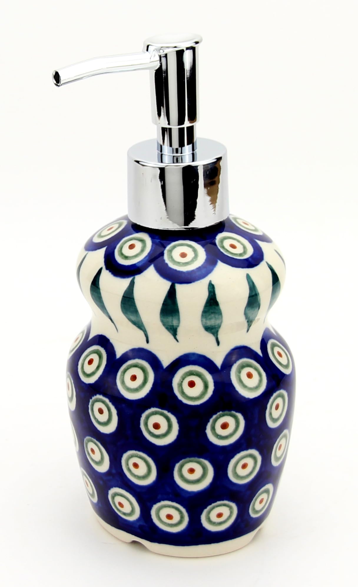 Handmade Polish Pottery 11 oz Soap Pump Dispenser with Stainless Steel Pump - Boleslawiec Stoneware Refillable Lotion Bottle - Peacock Design for Bathroom, Kitchen & Home Decor