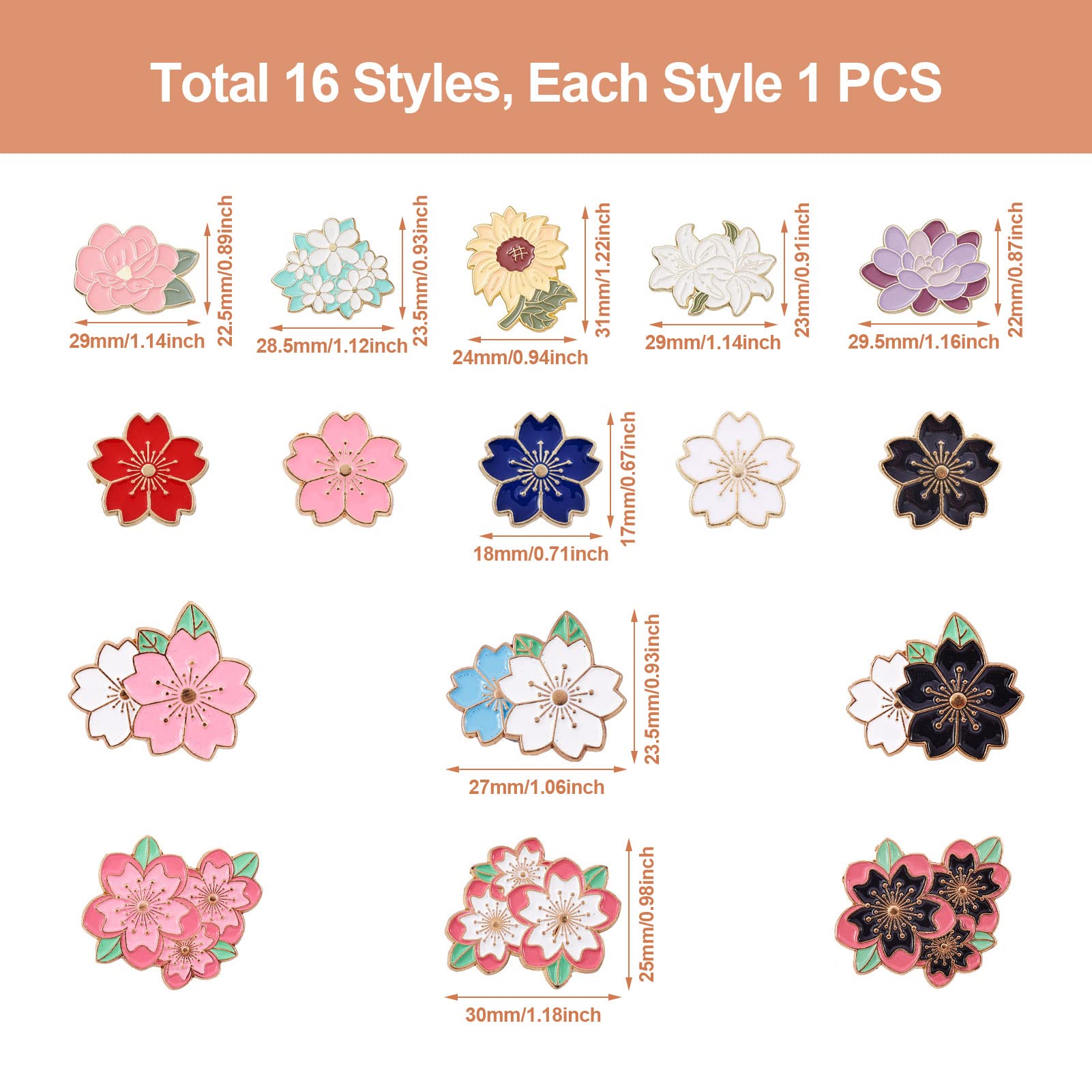Crafans 16Pcs Floral Enamel Pins - Sakura Cherry Blossom Brooches for Backpacks & Clothing