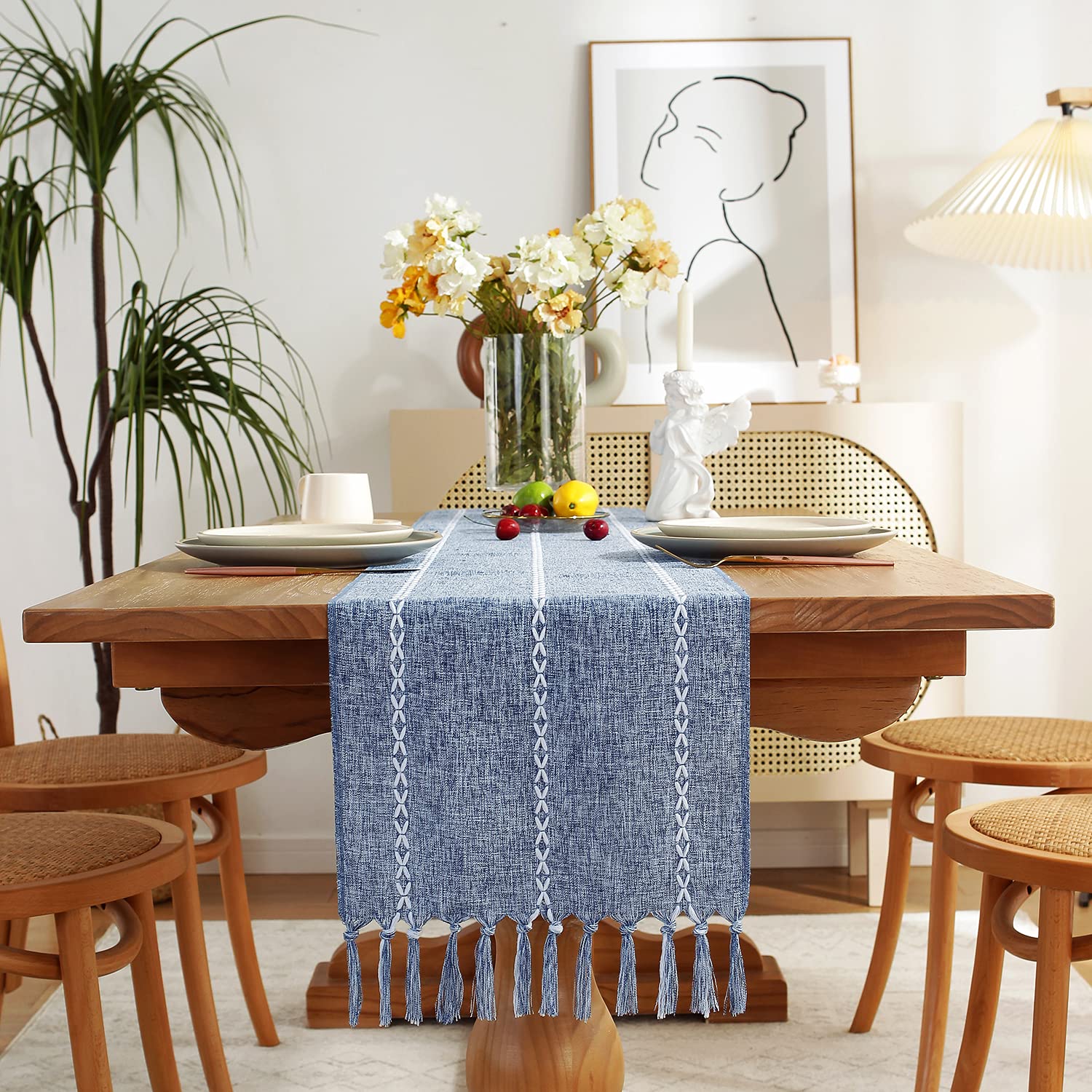 Rustic Farmhouse Linen Table Runner - 60 Inch Handmade Boho Tassel Embroidery Table Decor for Dining Room, Wedding, Holiday Party & Dresser (13x60 Inches, Blue) | Perfect for Farmhouse, Boho & Vintage Home Decor