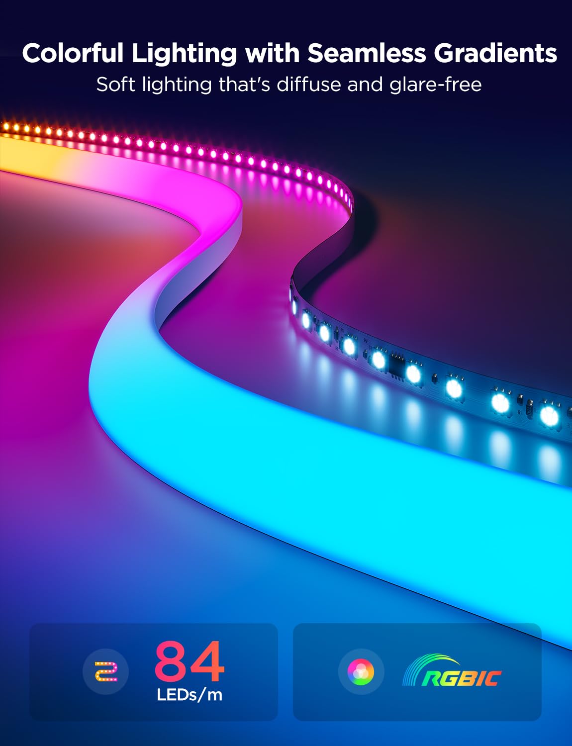 Govee 16.4ft RGBIC Smart Neon Rope Lights for Wall Lining - Matter & Alexa/Google Assistant Compatible, App Controlled LED Strip Lights with Music Sync - Perfect for Living Room, Bedroom & Wall Corner Decoration