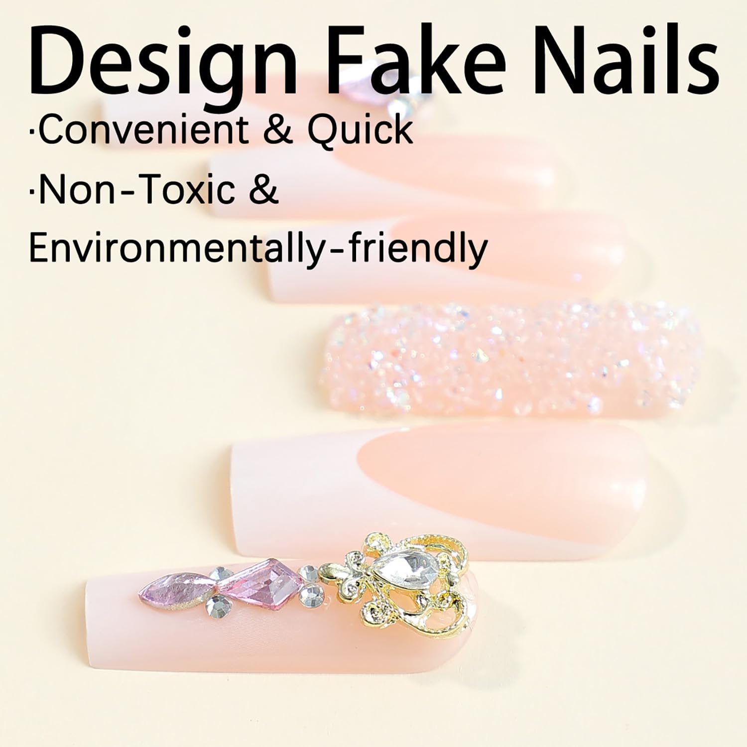 Long Coffin Press On Nails - Glossy Full Cover Acrylic French Tip False Nails with Diamond Designs & Charms - Square Fake Stick On Nails for Women & Girls - Perfect for Parties, Weddings & Special Occasions
