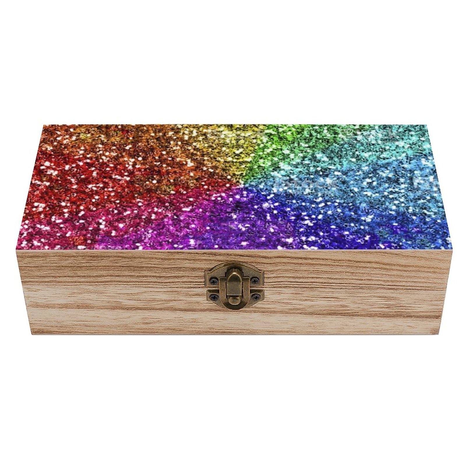 Rainbow Glitter Wooden Jewelry Box with Lock - Decorative Storage Organizer for Rings, Necklaces & Keepsakes | Perfect for Bedroom, Dresser & Gift Giving