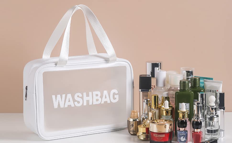 Beauté Secrets Travel Toiletry Bag for Women & Men - Matte Translucent Cosmetic Organizer with Handle - Perfect for Makeup, Skincare & Travel Essentials - White