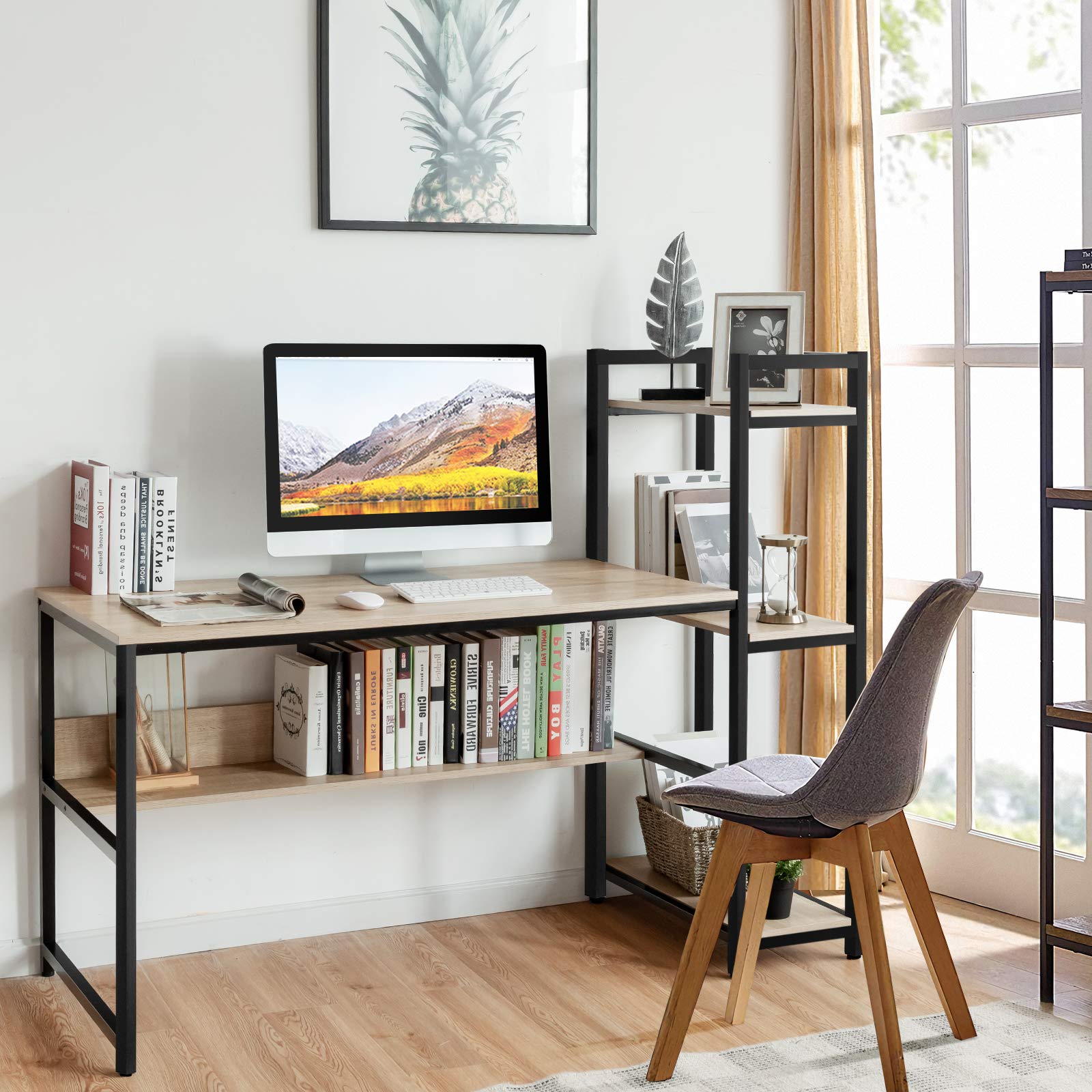 Tangkula 59-Inch Home Office Desk with Bookshelf & Storage | Sturdy Metal Frame Computer Workstation | Adjustable Foot Pads for Stability | Perfect for Small Spaces, Study Rooms & Home Offices