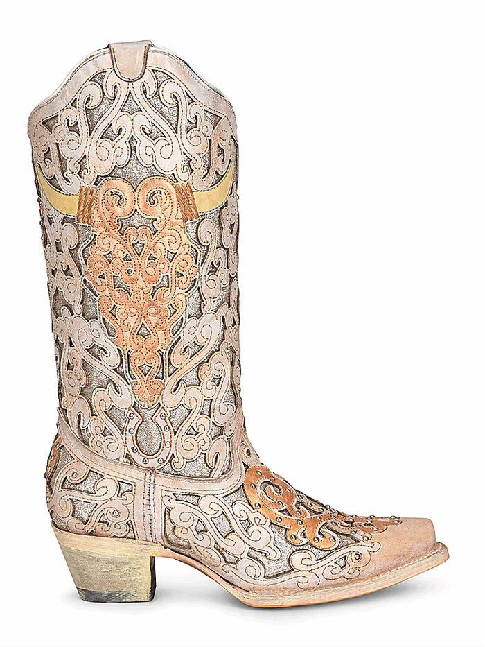 Corral A4408 Women's Cowboy Boots with Bull Skull Embroidery & Glitter Inlay - Tan Western Boots for Country Dancing, Rodeo & Fashion Outfits