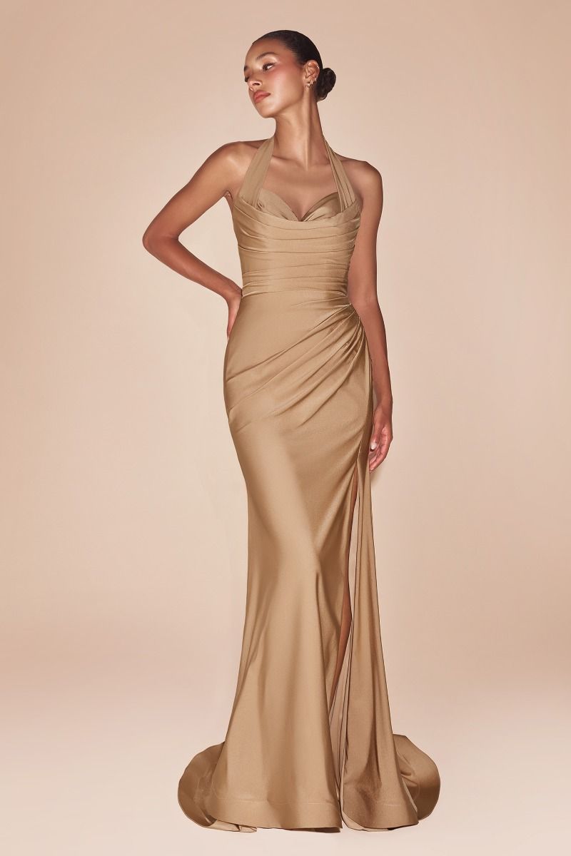 Elegant Autumn Gown in Nude Gold - Stretch Spandex Satin Halter Fitted Dress for Evening Parties & Special Occasions