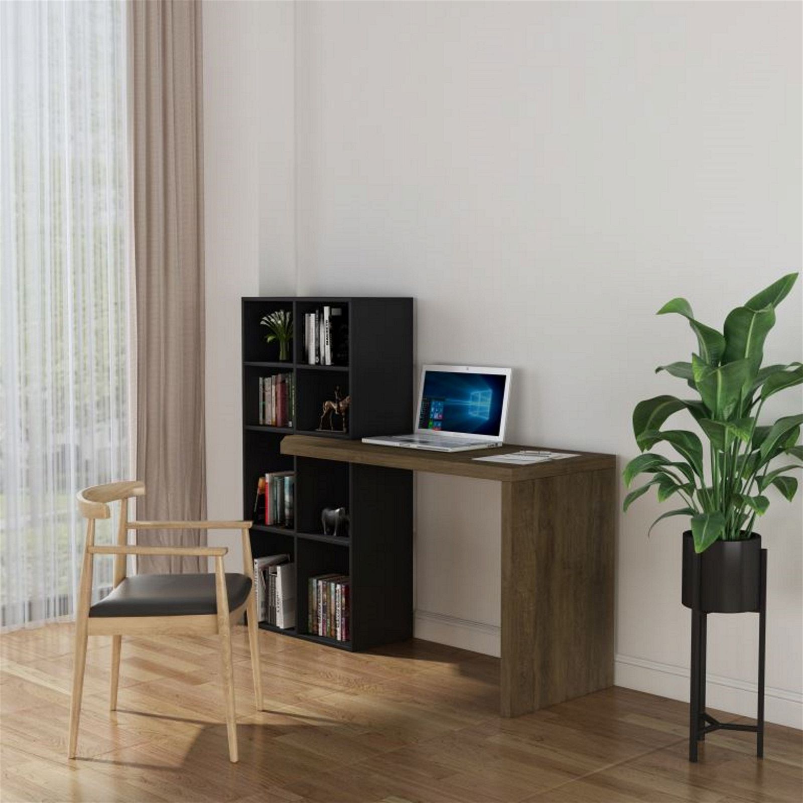Pinto Office Desk with Built-in Bookcase - Black & Dark Oak Finish for Home Office & Study Room Organization