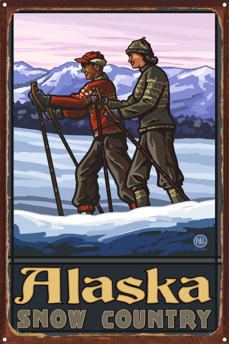 Rustic Metal Art Print - Alaska Snow Country Cross-Country Skiers by Artist Paul A. Lanquist | 11.5x17.5 Inch Travel Artwork | Perfect for Cabin Decor, Ski Lodge Wall Art & Winter-Themed Home Décor