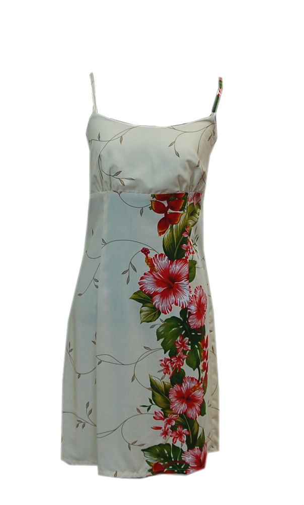 Women's Rayon Hawaiian Short Sleeve Ivory Hibiscus Print Spaghetti Strap Dress - Perfect for Beach Vacations, Summer Parties & Tropical Getaways