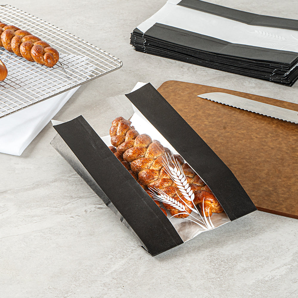 Premium Black Paper Bread Bags - Micro Perforated, Greaseproof, Wheat Pattern (6x2.75x10 Inches) - 100 Count Box - Perfect for Bakeries, Cafes & Sandwich Shops