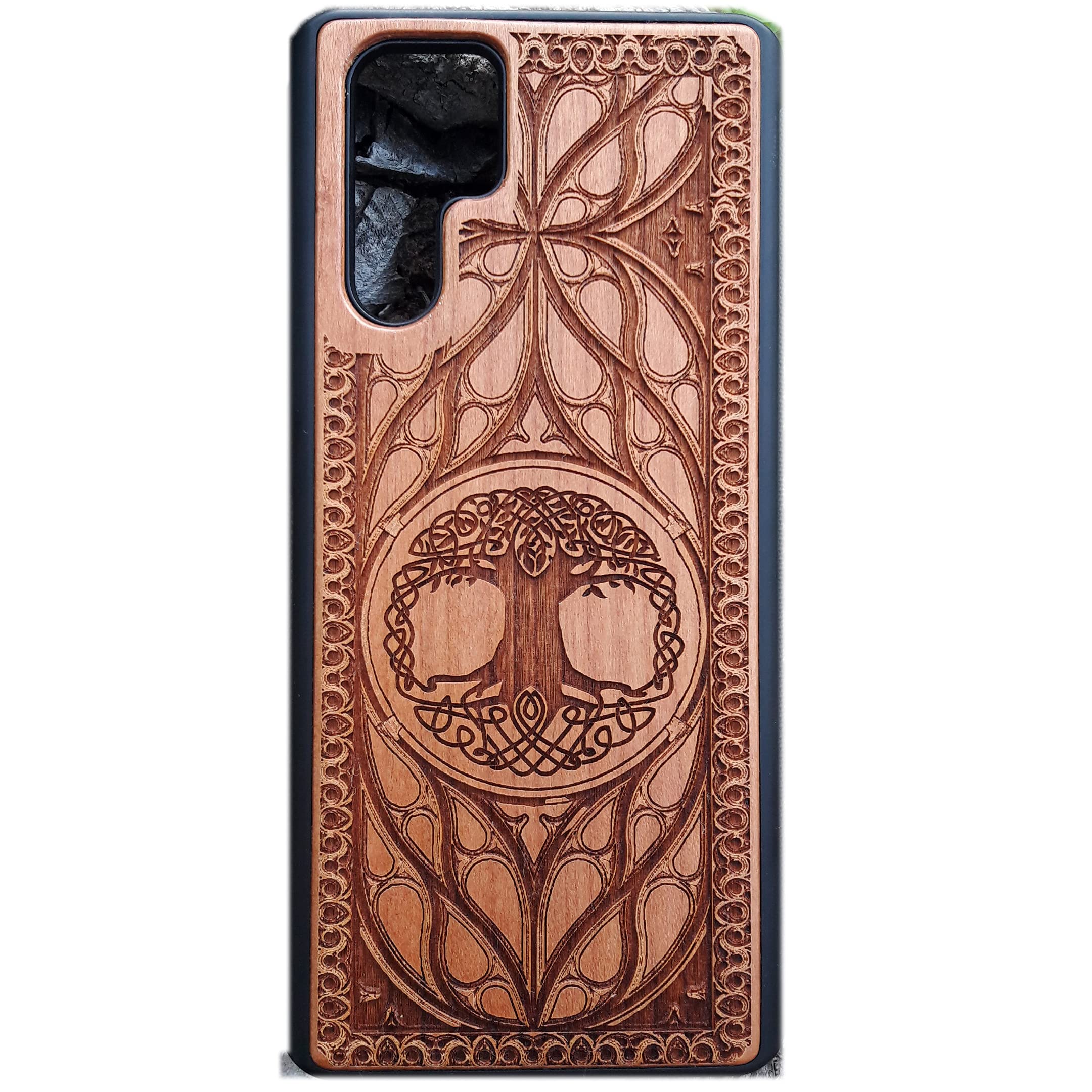 Celtic Tree Laser Engraved Wood Phone Case for iPhone 16/15/14/13/12/11 Pro Max Mini & Galaxy S25/S24/S23/S22/S21/S20 Ultra Plus - Eco-Friendly Slim Durable Wooden Cover - Perfect for Nature Lovers & Outdoor Enthusiasts