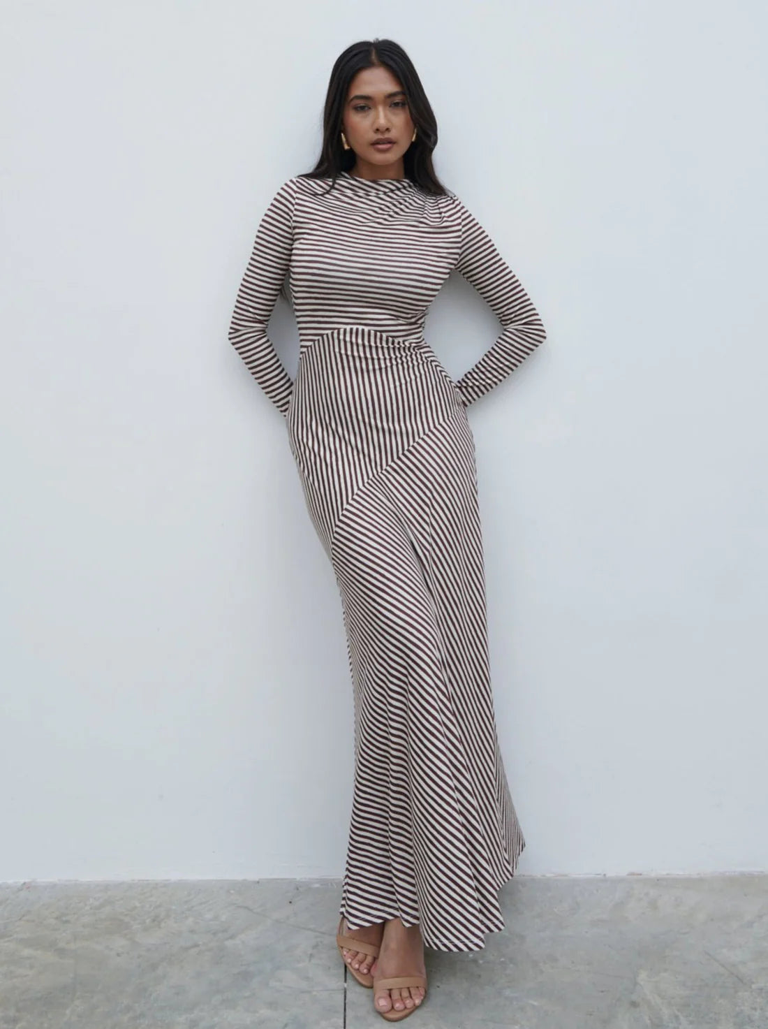 Delilah Asymmetric Jersey Maxi Dress - Brown & Cream Flowy Long Dress for Women | Perfect for Beach Vacations, Summer Parties & Boho Chic Outfits