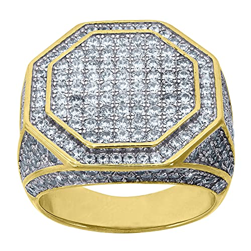 925 Sterling Silver Men's Cubic Zirconia Simulated Diamond Cluster Ring - Yellow Gold Tone, Size 7-12 - Perfect Wedding Band, Anniversary Gift & Everyday Fashion Jewelry for Him