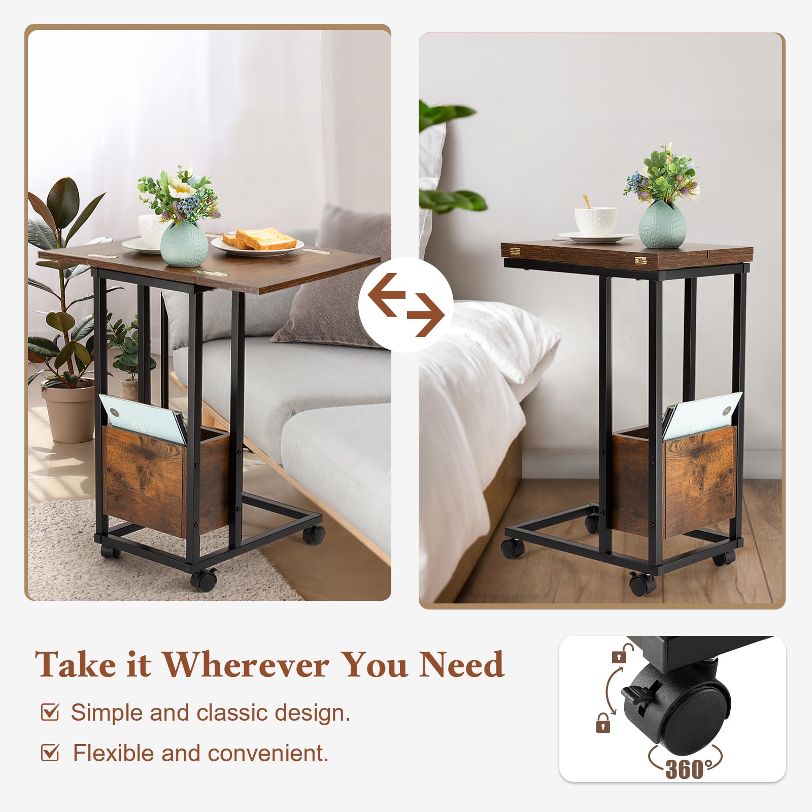 Hadulcet Modern C-Shaped End Tables Set of 2 - Rustic Brown Small Side Tables for Living Room, Sofa, Couch - Slide Under Furniture Snack Tables & TV Trays - Perfect for Eating, Reading, and Entertaining Guests