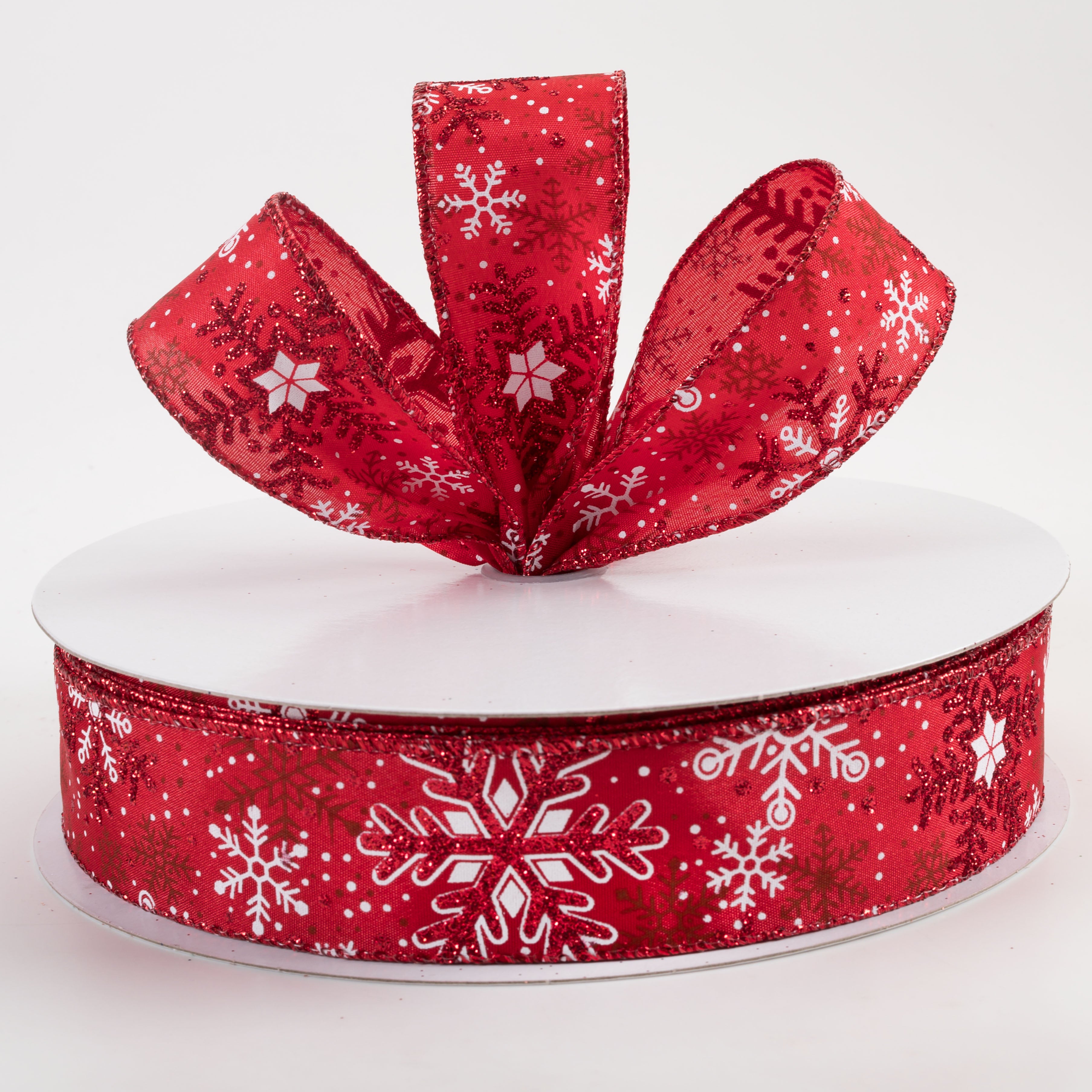 1.5 Inch Red Glittered White Snowflakes Satin Ribbon - 50 Yards Bulk Roll for Christmas Gift Wrapping, Holiday Crafts, DIY Decorations, and Party Favors