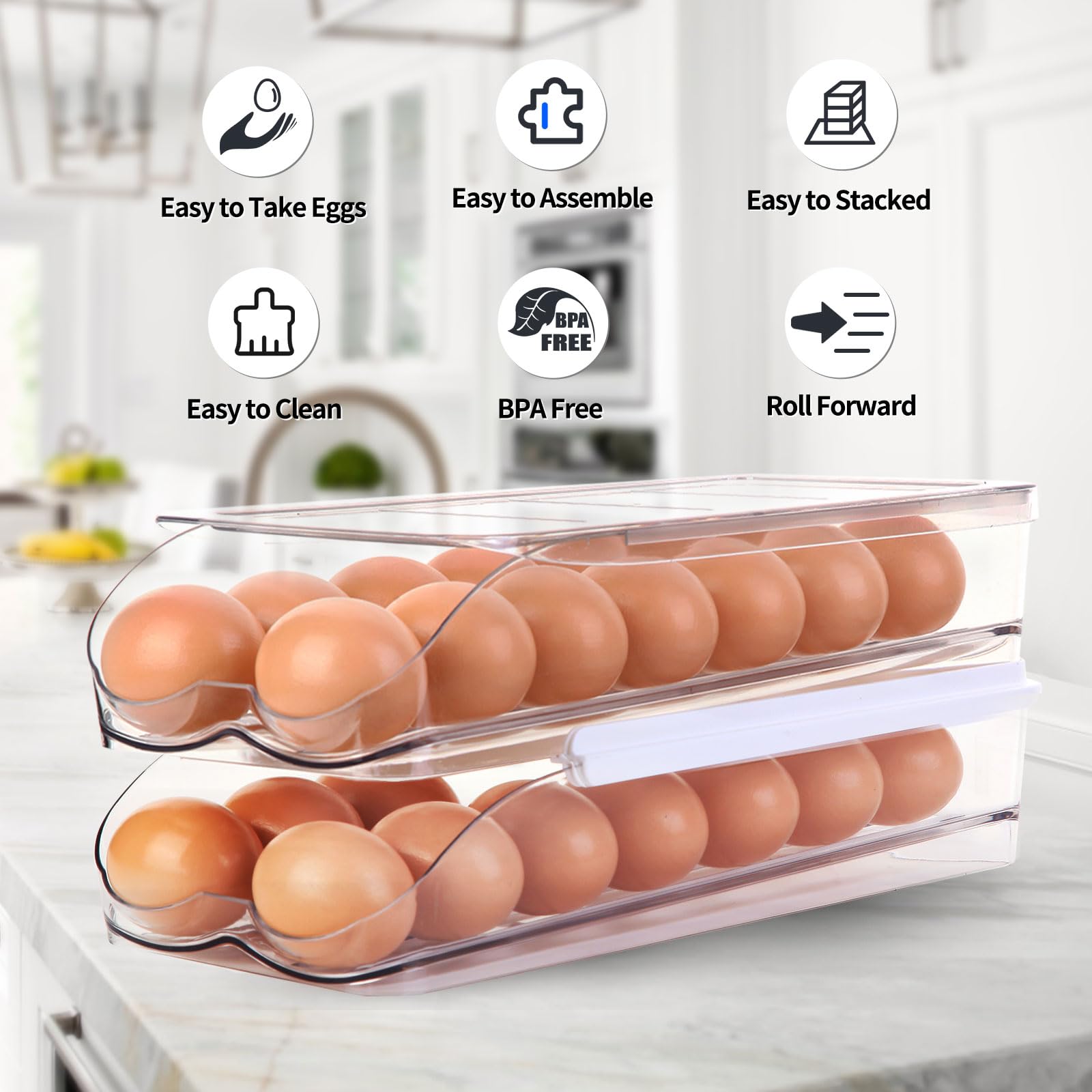 Automatic Rolling Egg Holder for Refrigerator - 2 Tier Stackable Clear Plastic Egg Container with Lid | Fridge Organizer & Storage Dispenser | Perfect for Kitchen Organization & Fresh Egg Storage