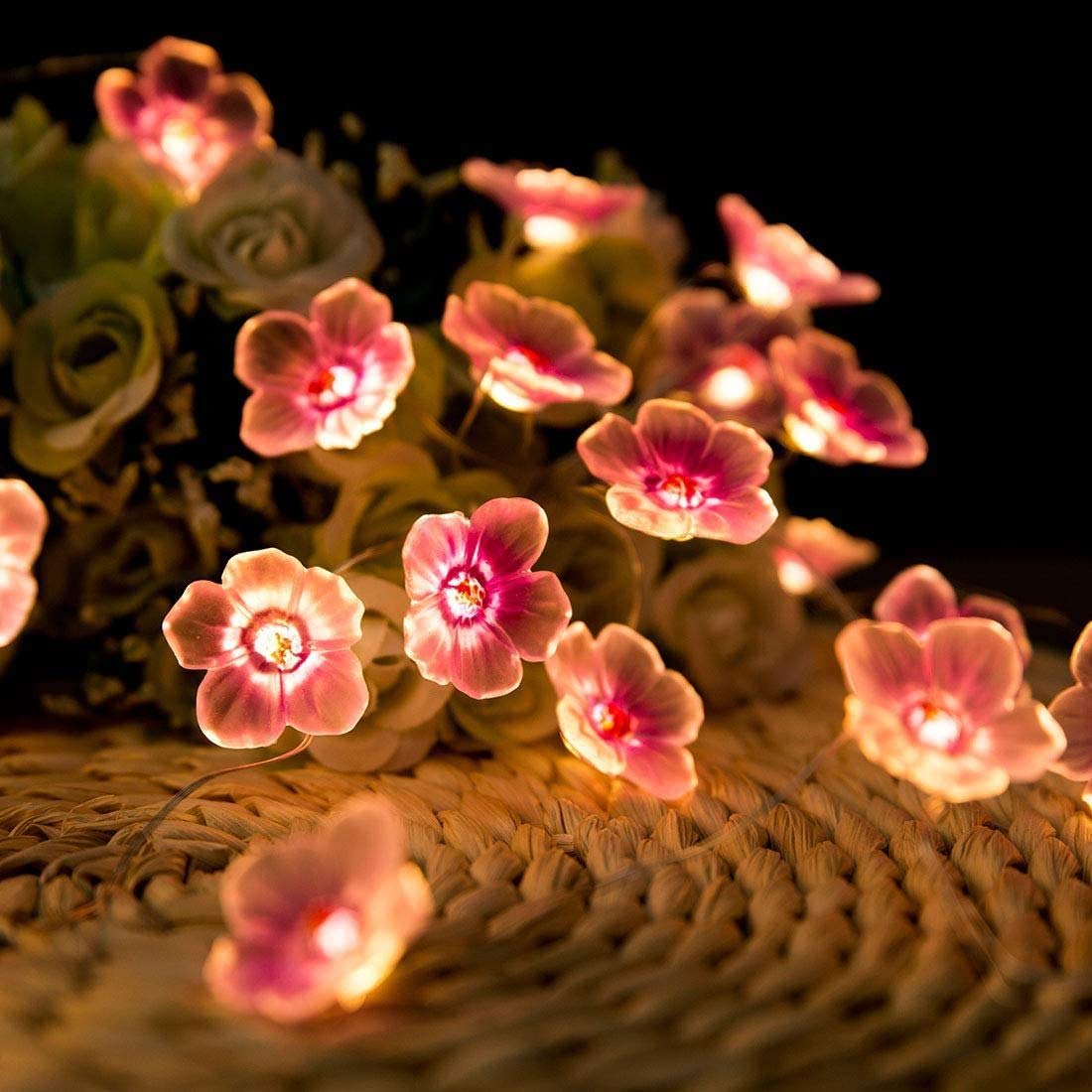 Pink Cherry Blossom Fairy String Lights - 10ft 30 LED Battery Operated Flower Lights for Bedroom, Garden, Wedding & Party Decor | Indoor Outdoor Christmas, Spring & Kids Room Decoration | Romantic Ambiance Lighting for Special Occasions