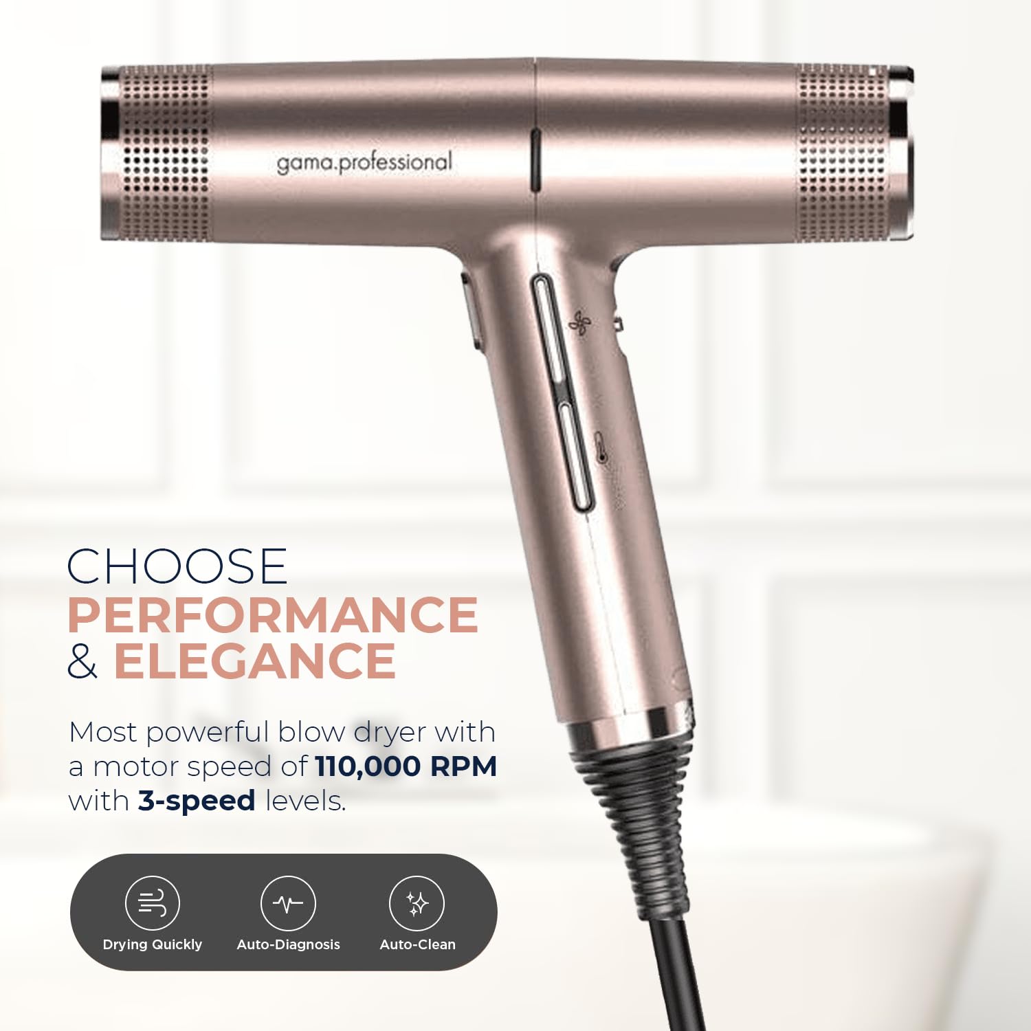 GAMA Italy Professional Hair Dryer - Lightweight 1875W Salon Blow Dryer with Diffuser & 2 Nozzles, Rose Gold (Under 1LB) for Smooth, Fast Drying at Home & Salon