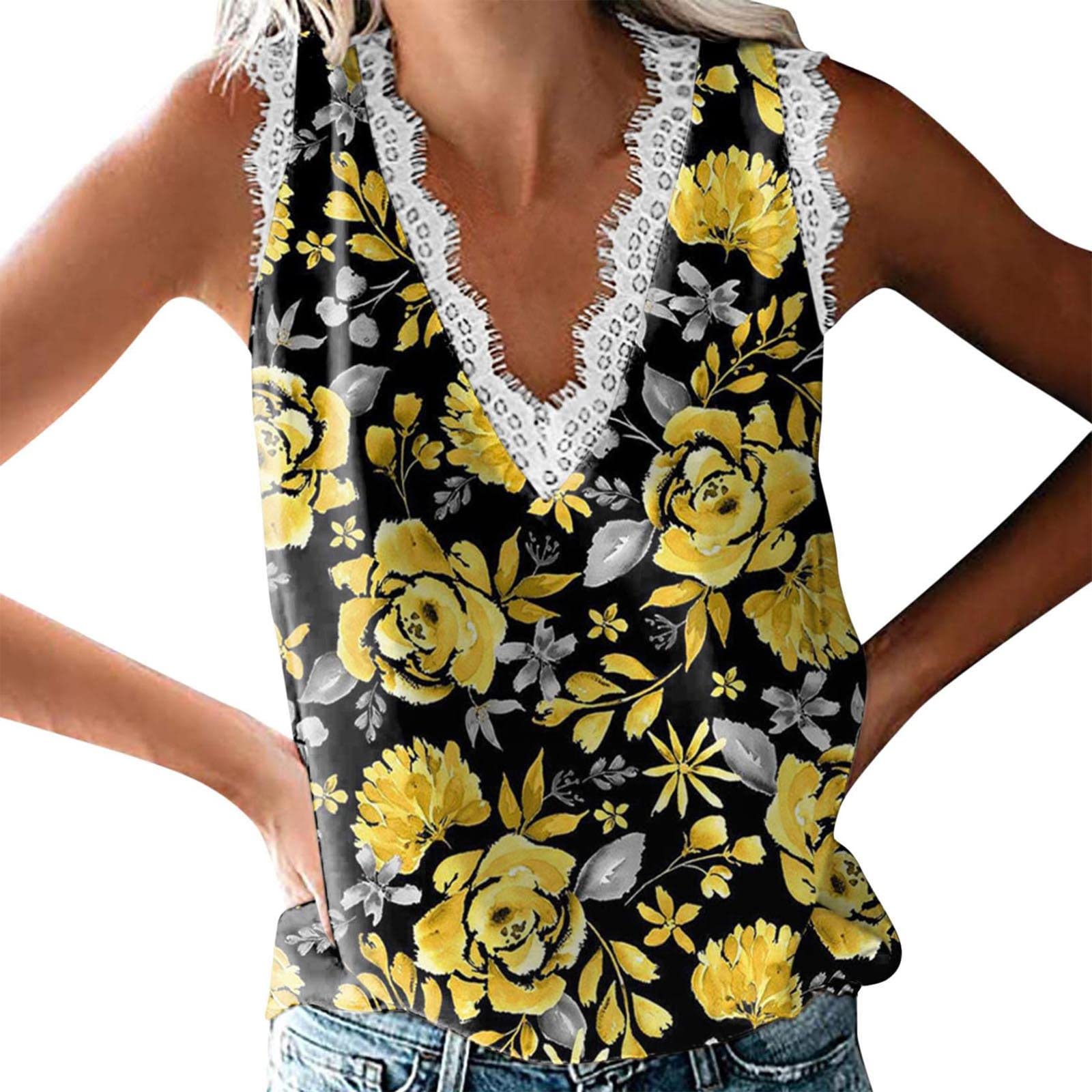 FAVIPT Women's Lace Tank Top - Trendy Summer Floral Lace Trim Cami Top, Sleeveless V-Neck Blouse for Spring & Beach Wear | Perfect for Casual Outings, Date Nights & Vacation Outfits