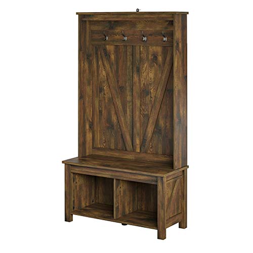 BOWERY HILL Farmhouse Entryway Hall Tree Bench in Weathered Oak - Rustic Wooden Storage Bench with Hooks & Shelf for Entryway, Mudroom, or Bedroom Organization