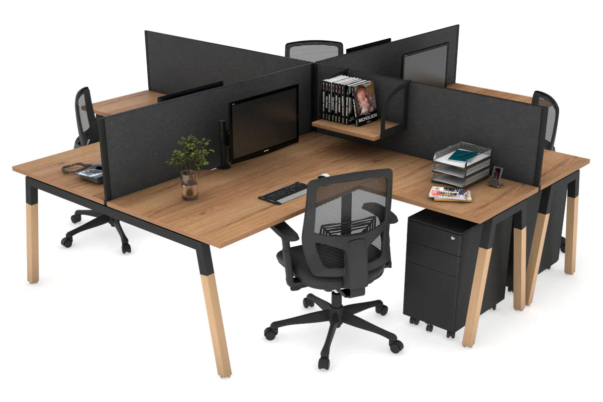 Quadro Wood A Legs Cross Beam 4-Person Corner Workstation Desk - 1600L x 1800W with Cable Management Scallop - Perfect for Office, Home Workspace & Collaborative Environments