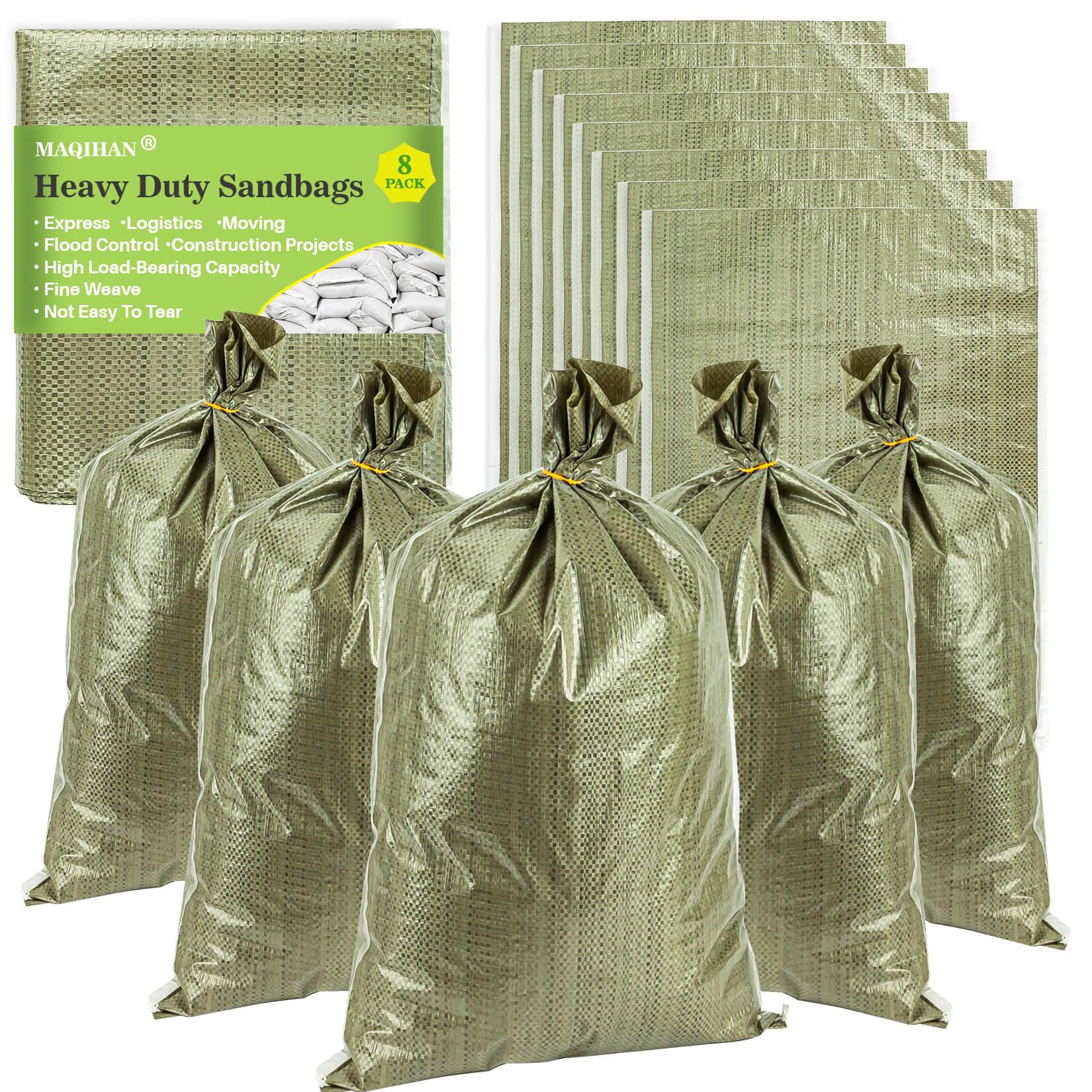 10PCS Heavy Duty Green Woven Polypropylene Sand Bags - Tear Resistant Empty Sandbags for Hurricane Protection, Flood Control, Construction Projects & Dry Material Storage | Emergency Preparedness, Garden Use & DIY Projects