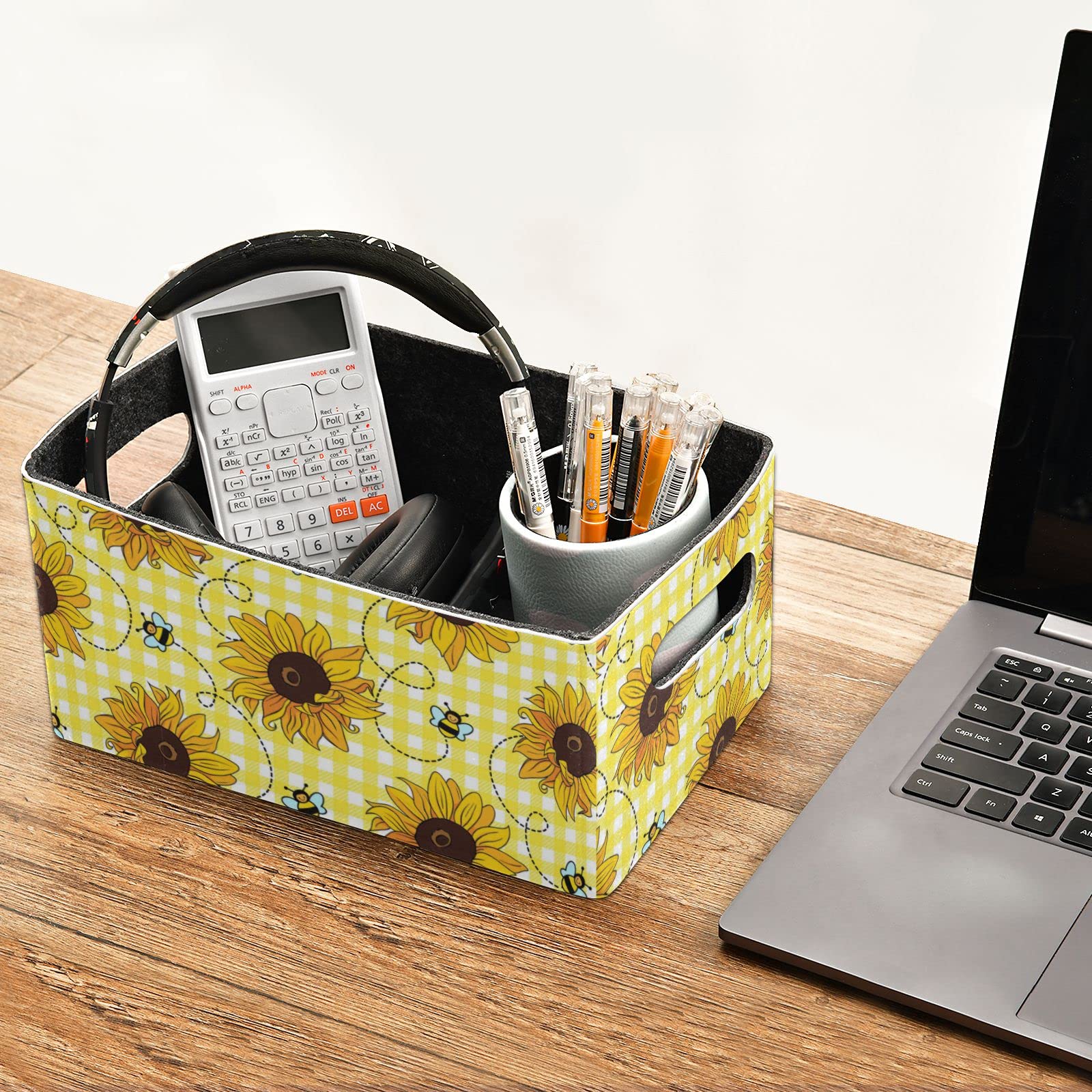 Sunflower Folding Felt Storage Basket Set of 2 - Yellow Collapsible Storage Box with Bee Design for Clothes, Toys & Home Organization - Perfect for Nursery, Closet & Shelves (Home Decor & Storage Solution)