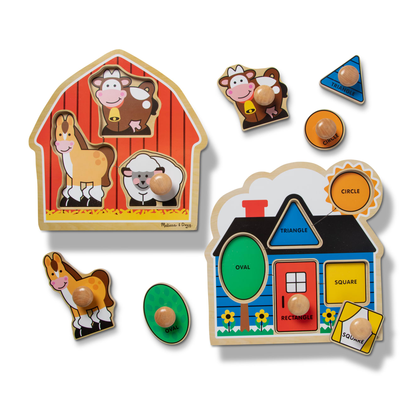Jumbo Knob Wooden Puzzles Bundle - Shapes & Barn Animals for Toddlers | Montessori Learning Toys for Early Childhood Education | Perfect for Home, Classroom & Daycare Play