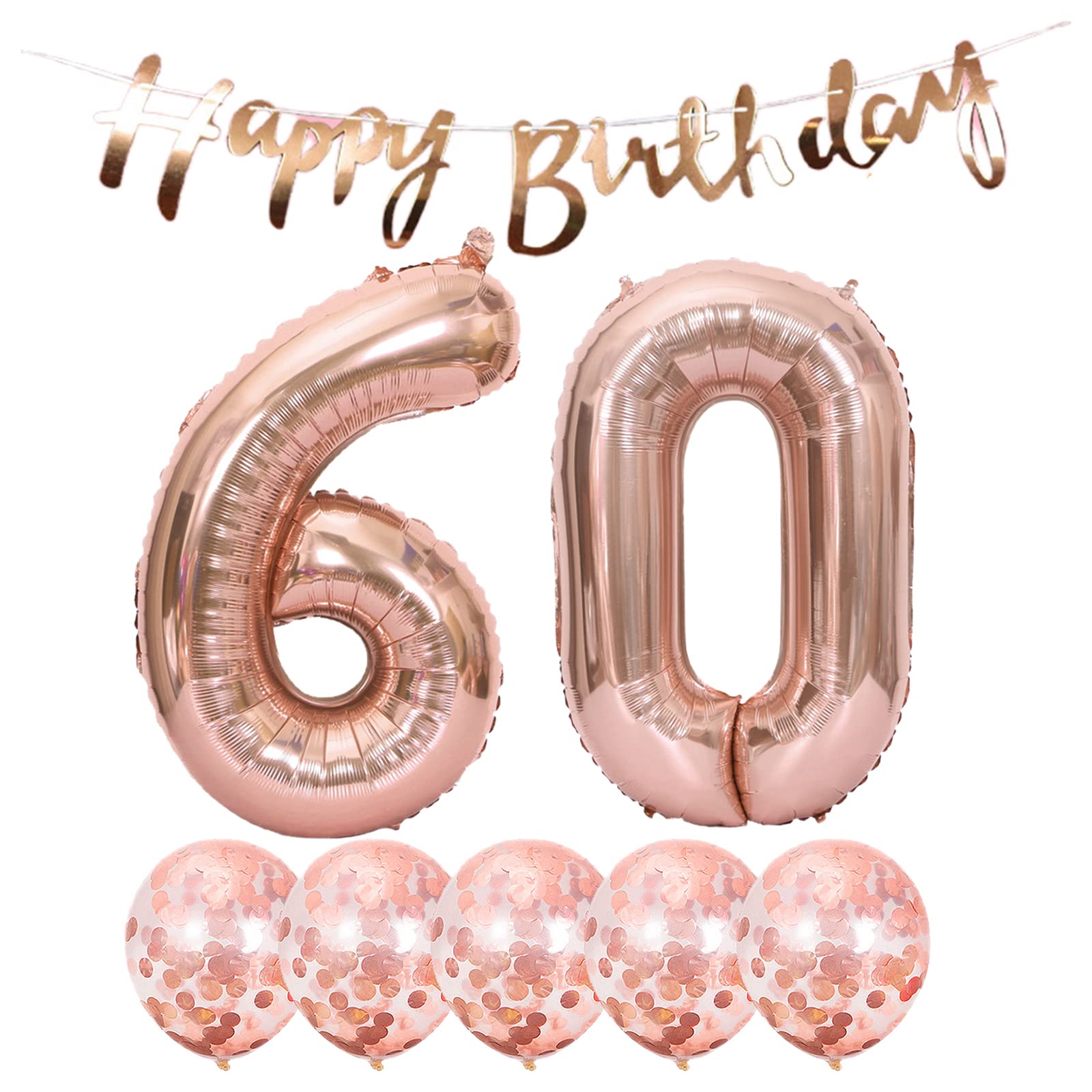 60th Birthday Party Decorations Set - Happy Birthday Banner, Rose Gold Helium Balloons (Number 60), Latex & Foil Balloons for 60 Years Old Celebration - Perfect for Milestone Birthday Parties, Retirement Celebrations & Anniversary Events