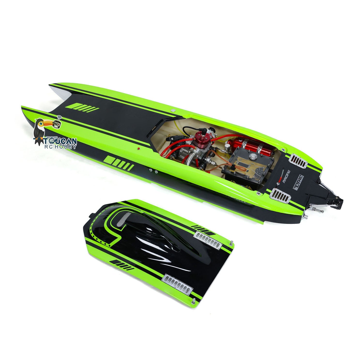 **30CC Gas-Powered RC Racing Boat - High Speed Fiber Glass DIY Model with Servo Controller (1300x360x220mm, 65-70km/h) - Perfect for Lakes, Ponds & Competitive RC Boat Racing**