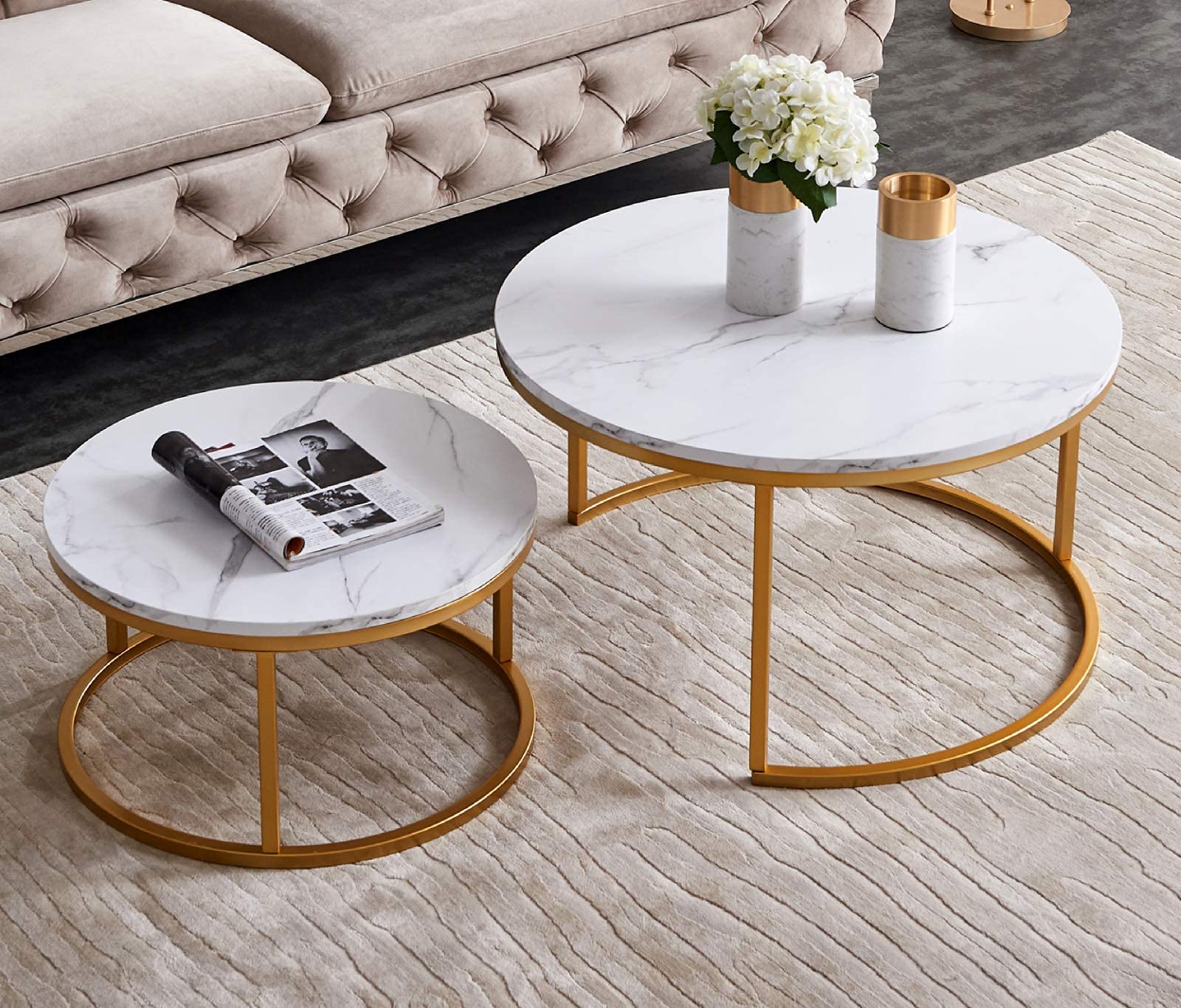 Modern Round Nesting Coffee Table Set of 2 - Wood Accent with Faux Marble Tabletop & Black/Gold Metal Frame - Perfect for Living Room, Office, Balcony Decor | Space-Saving Design for Small Apartments & Cozy Homes