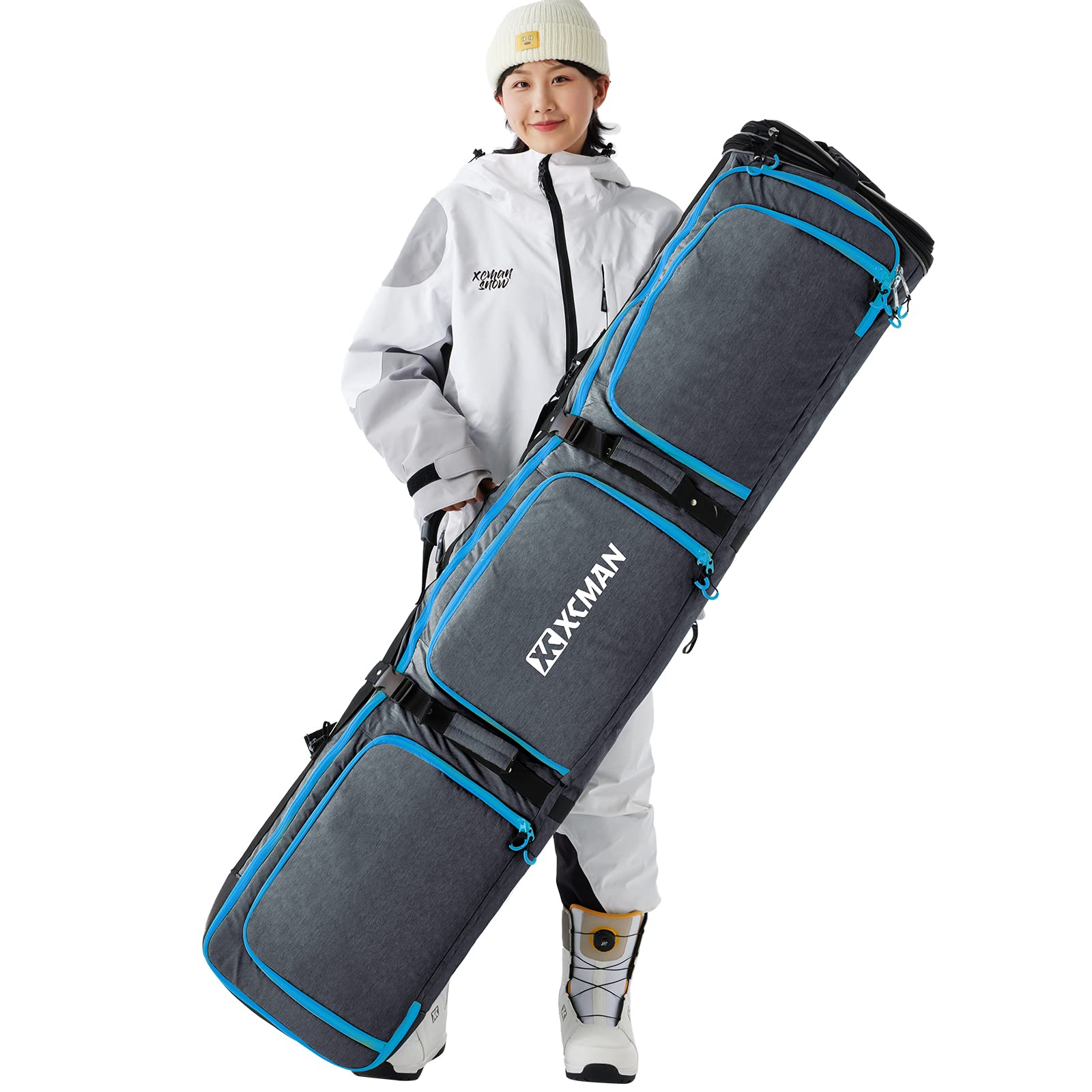 XCMAN Expandable Padded Snowboard Bag for Air Travel - Adjustable Ski Bag (63-75In) - Waterproof Protection for Snowboards & Skis - Perfect for Winter Sports & Mountain Vacations