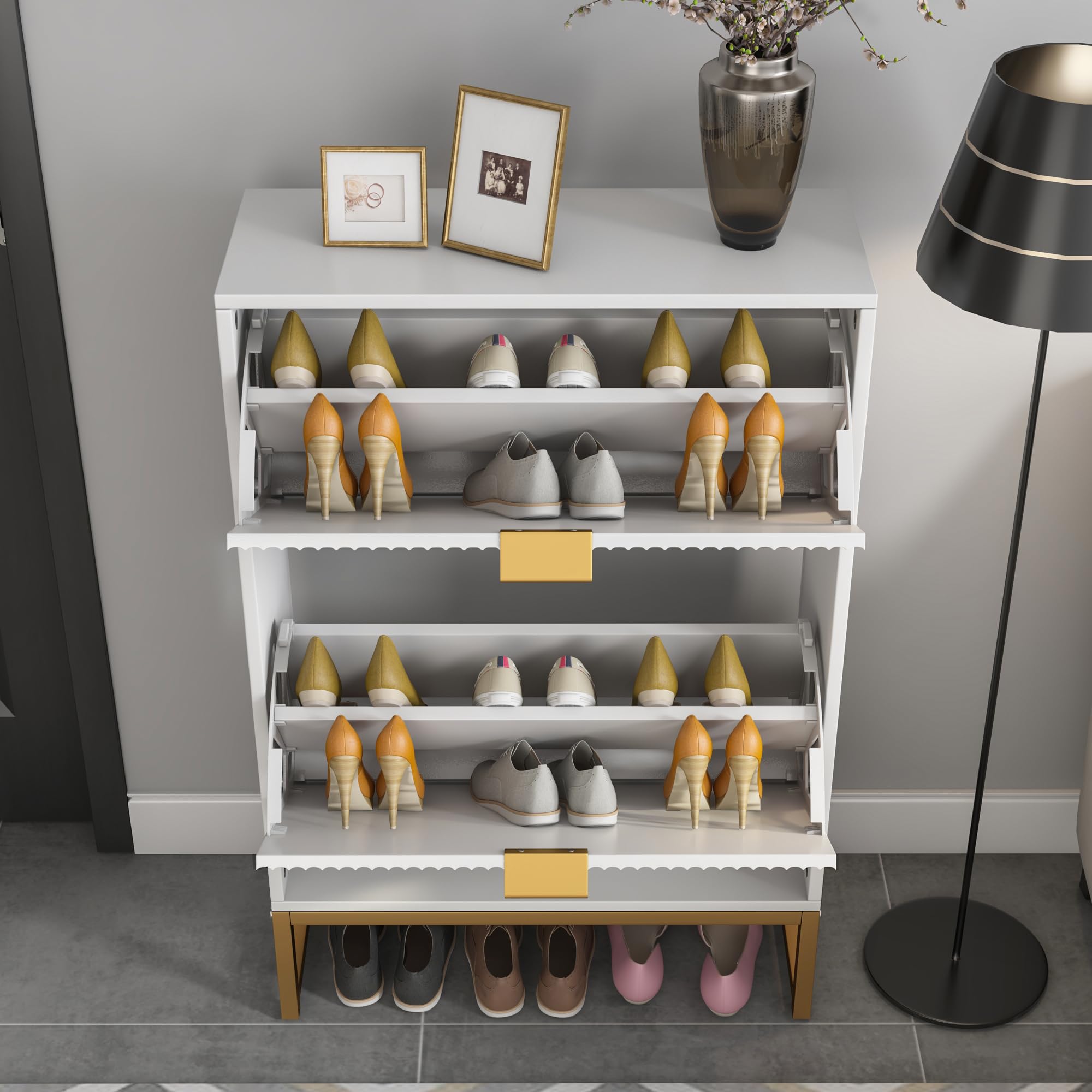Modern Slim Shoe Cabinet with 2 Flip Drawers - Freestanding Wooden Entryway Shoe Storage Organizer, Narrow Fluted Design for Living Room & Hallway - Perfect for Small Spaces & Apartment Entry (White)