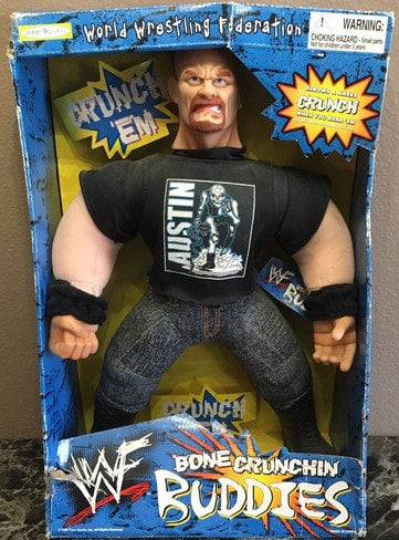 Vintage 1999 WWF Jakks Pacific Bone Crunchin' Buddies Series 3 Stone Cold Steve Austin Action Figure with Shirt - Collectible Wrestling Toy for Fans & Display