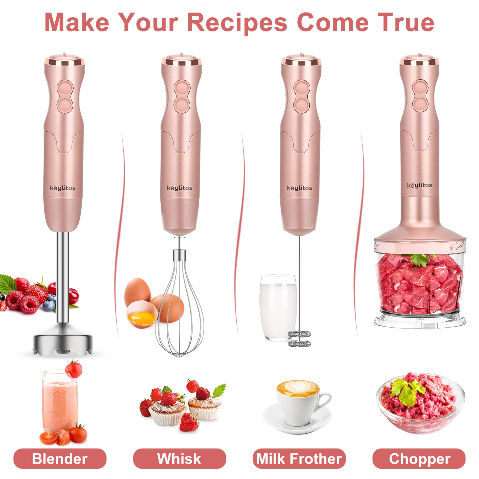 Keylitos 5-in-1 Immersion Hand Blender - 12-Speed Powerful Stick Blender with 304 Stainless Steel Blades, Chopper, Beaker, Milk Frother & Egg Whisk (Golden Pink) - Perfect for Smoothies, Soups, Baby Food & Baking