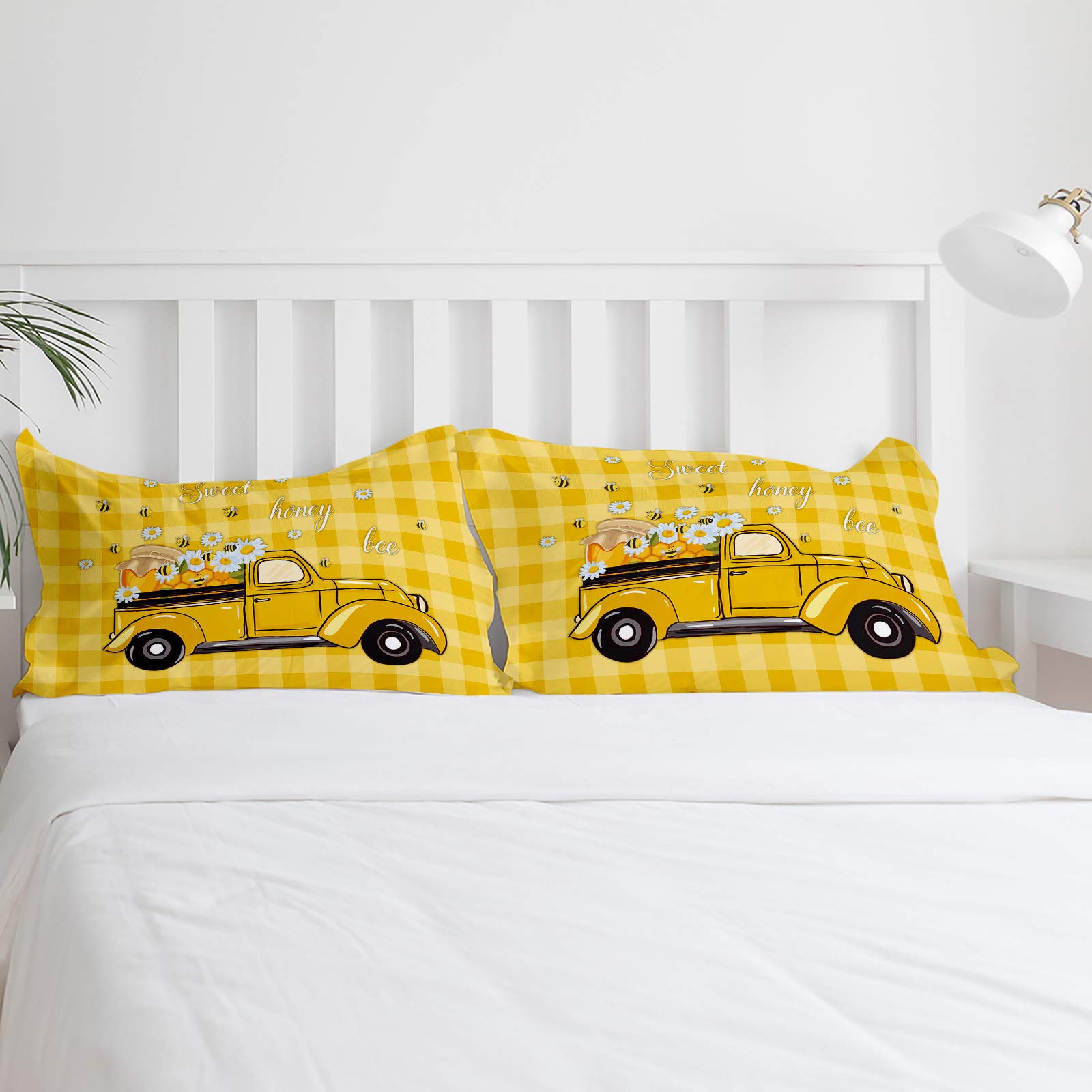Yellow Truck Honey Bee Daisy 4-Piece Duvet Cover Set - Lightweight Microfiber Soft Comforter Cover for Adults & Teens - Summer Sweet Buffalo Plaid Bedding - Perfect for Cozy Bedrooms & Guest Rooms
