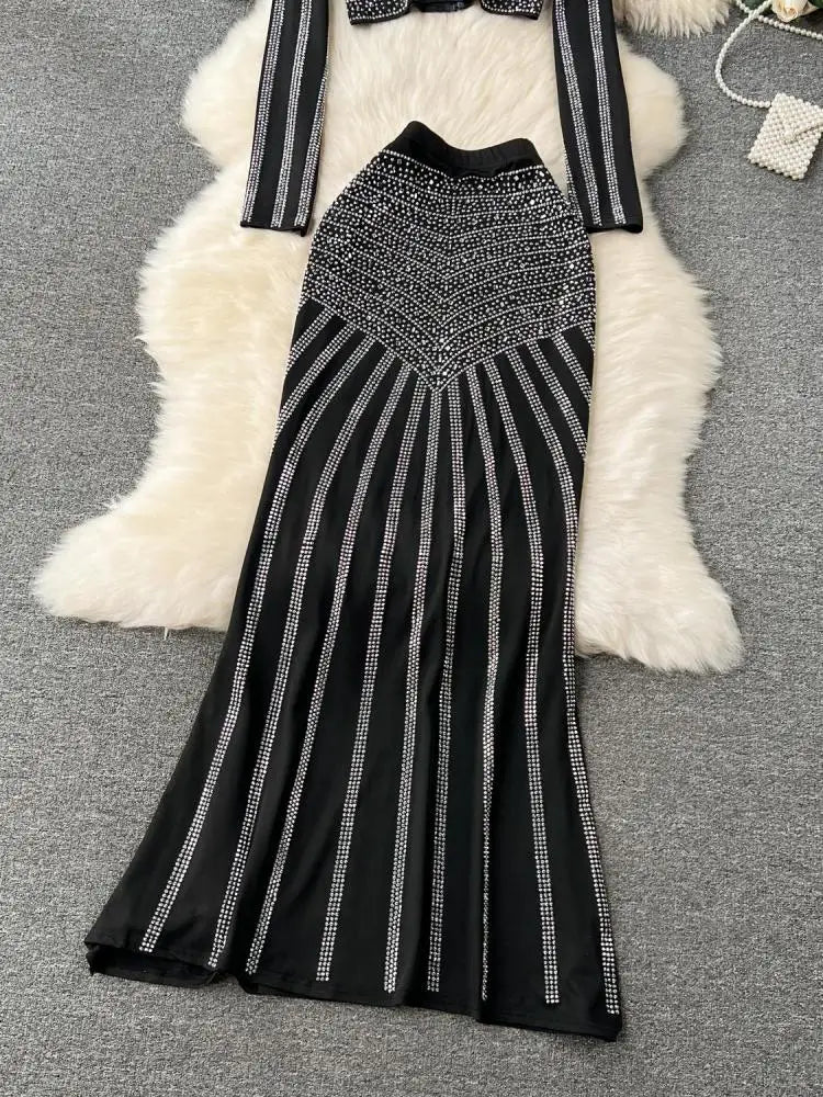 Elegant Black Diamond Two-Piece Set for Women - O-Neck Long Sleeve Top & High Waist Fishtail Skirt | Y2K Fashion Outfit for Fall Parties, Date Nights and Office Wear