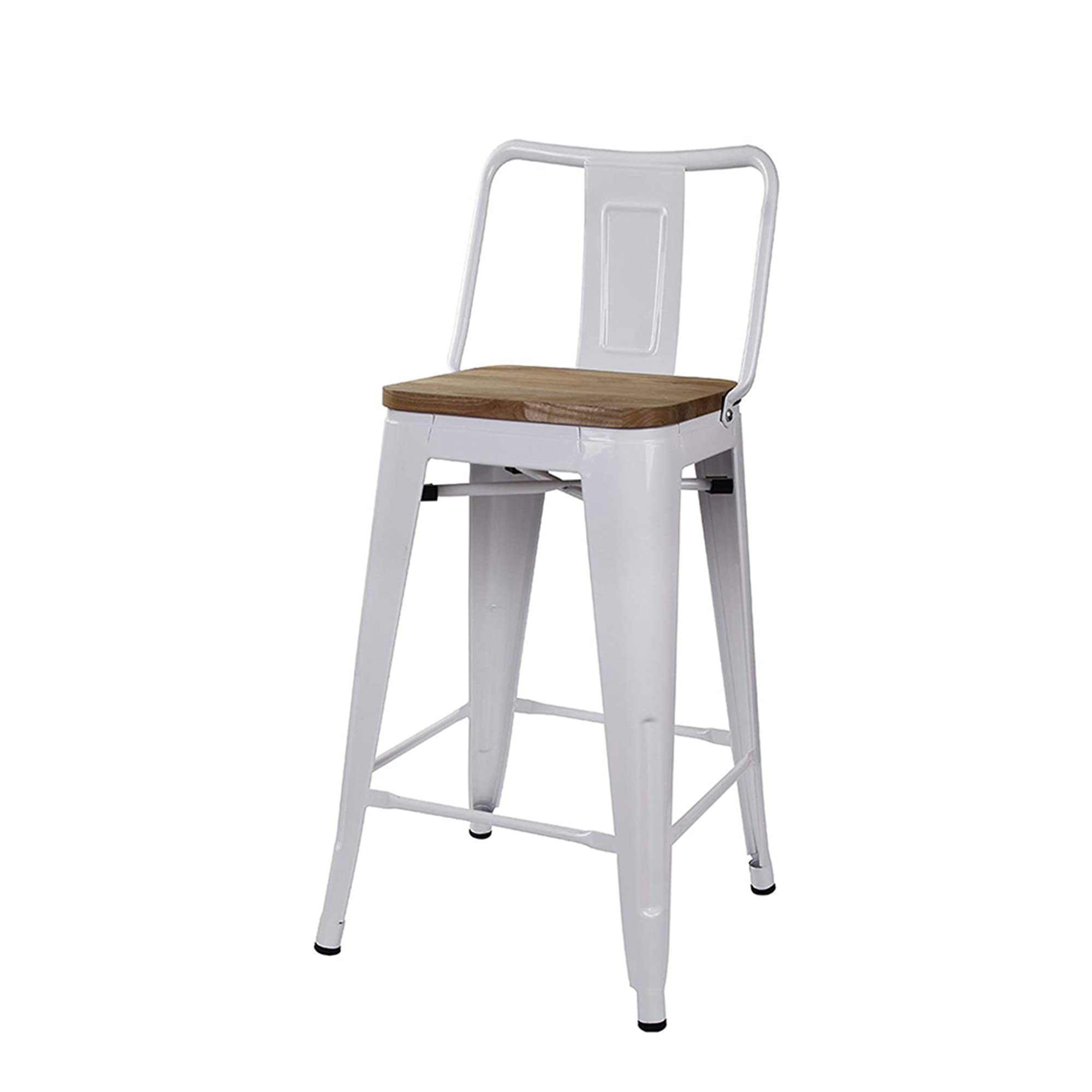 LEEJAY Commercial Grade Indoor Metal Bar Stools Set of 4 - 24 Inch High Back White Counter Height Barstools with Light Wooden Top, 12