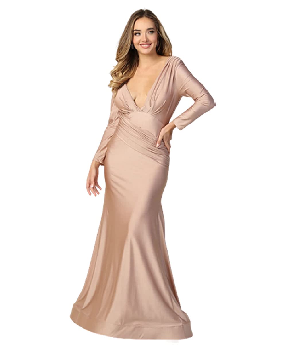 Elegant Women's V-Neck Bodycon Dress with Stretchy Ruched Bodice & Long Sleeves - Perfect for Mother of The Bride, Evening Gala & Formal Occasions