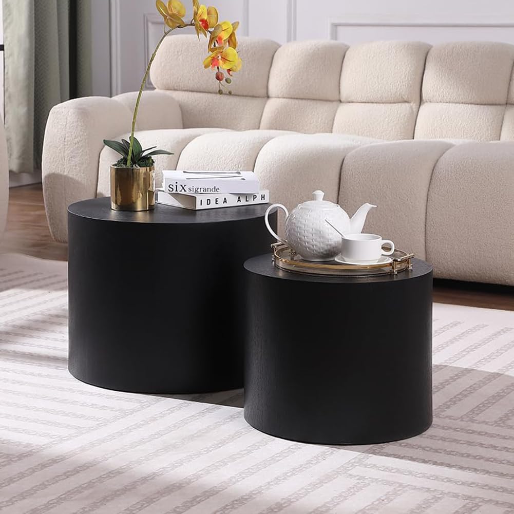 Black Drum Coffee Table Set of 2 - Round Wood Nesting Coffee Tables with Ottoman, Side & End Tables for Living Room & Bedroom - No Assembly Required - Perfect for Small Spaces & Modern Home Decor