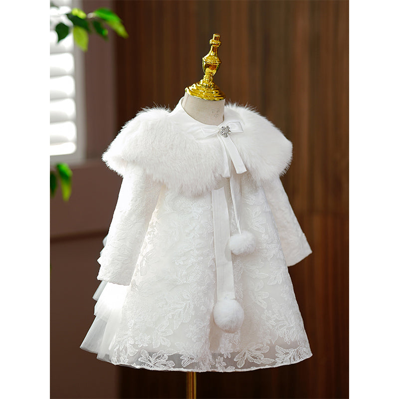 Baby Girl Flower Dress - Plush Lace Long Sleeve Baptism Princess Gown for Autumn Winter | Perfect for Christening, Holiday Photos & Special Occasions