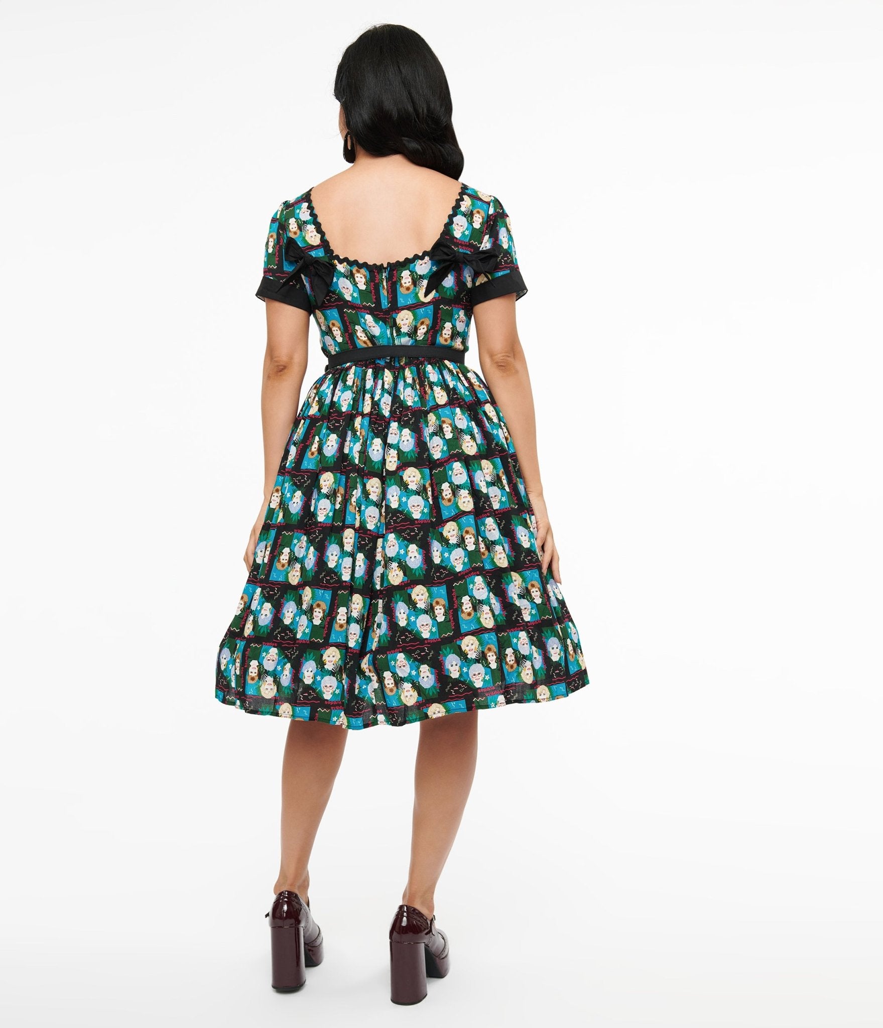 Golden Girls Print Swing Dress - Black & Blue Vintage Style Dress for Women | Perfect for Cosplay, Themed Parties & Retro Fashion