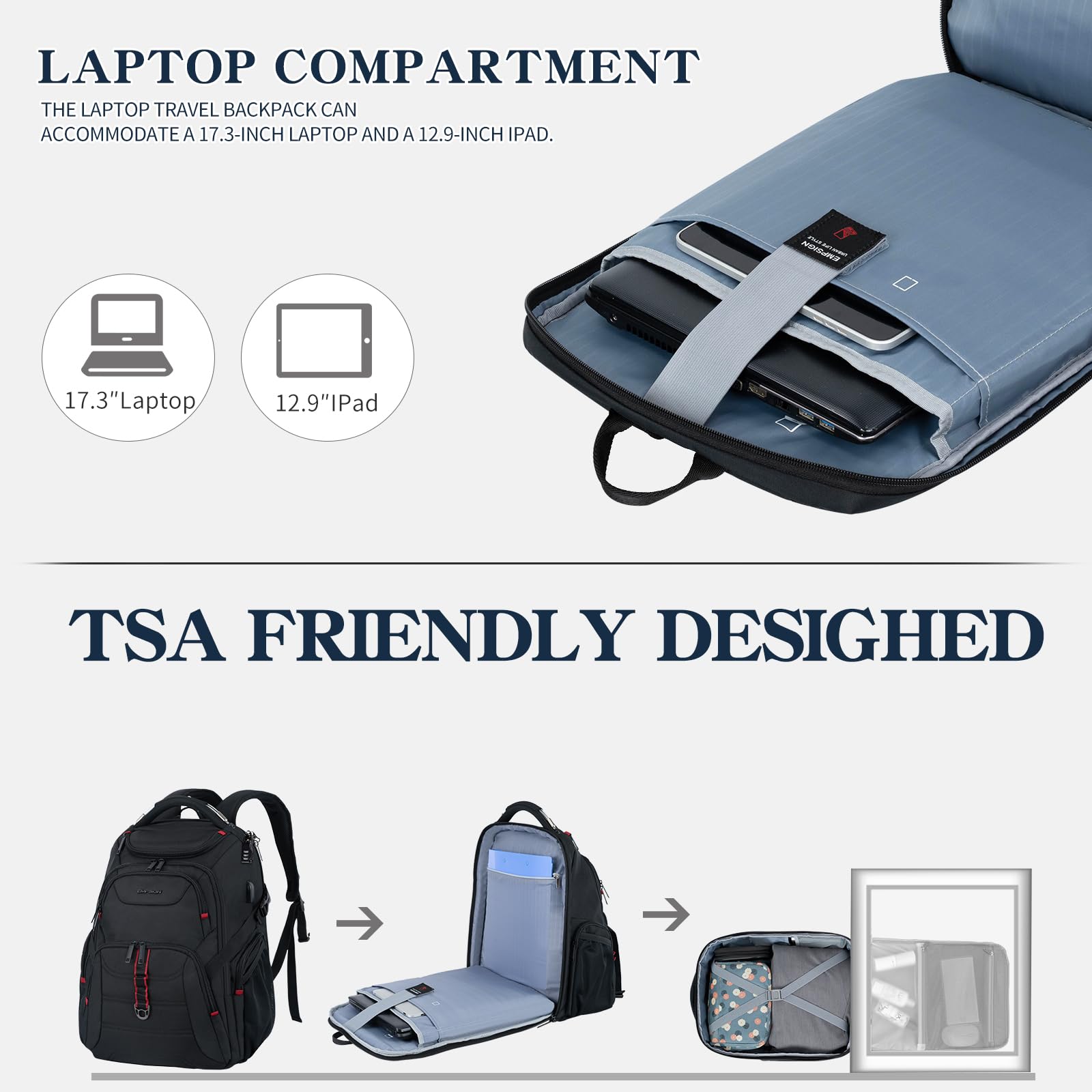 EMPSIGN 17.3 Inch Anti-Theft Laptop Backpack for Men & Women - 45L Business Travel Backpack with USB Charging Port, Water-Repellent Design - Perfect for Work, College, School & Daily Commute - Black