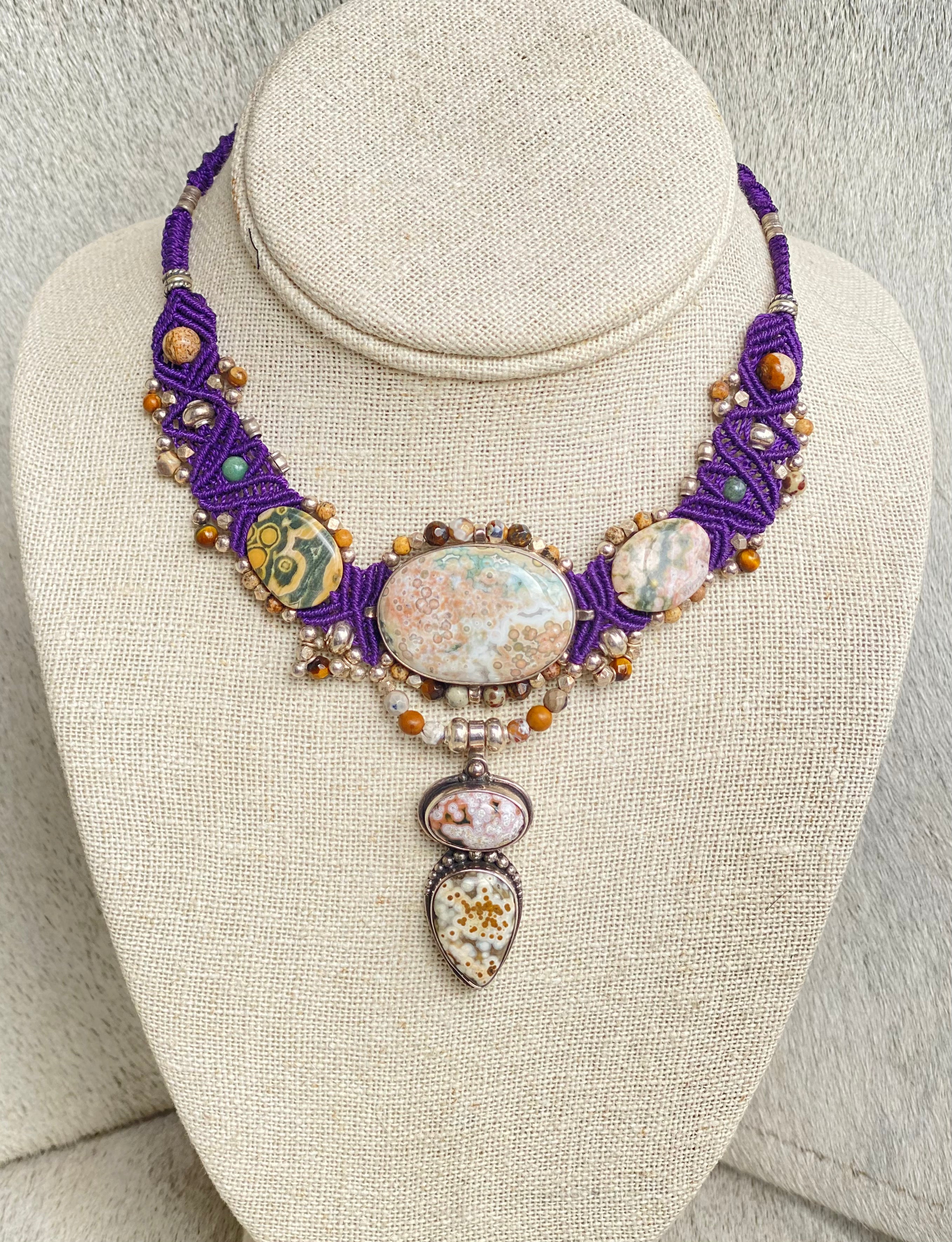 Elegant Purple Macramé Choker Necklace with Natural Ocean Jasper Stone - Boho Chic Jewelry for Women, Perfect for Festivals, Beach Parties & Everyday Wear