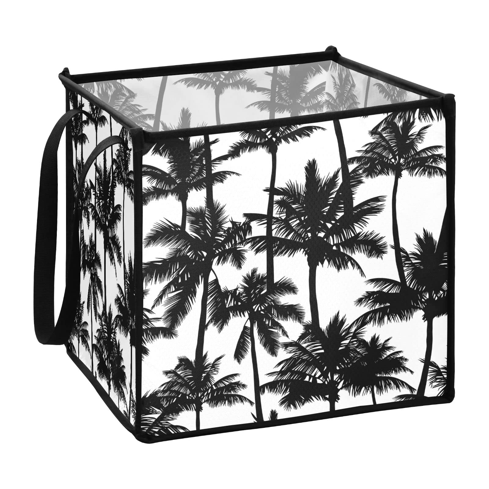Black Palm Trees Seamless Collapsible Storage Bins - 10.6x10.6x10.6 Inch Fabric Cube Organizer with Handles for Toys, Nursery, Shelves & Closet - Perfect for Home Organization & Kids Room Storage